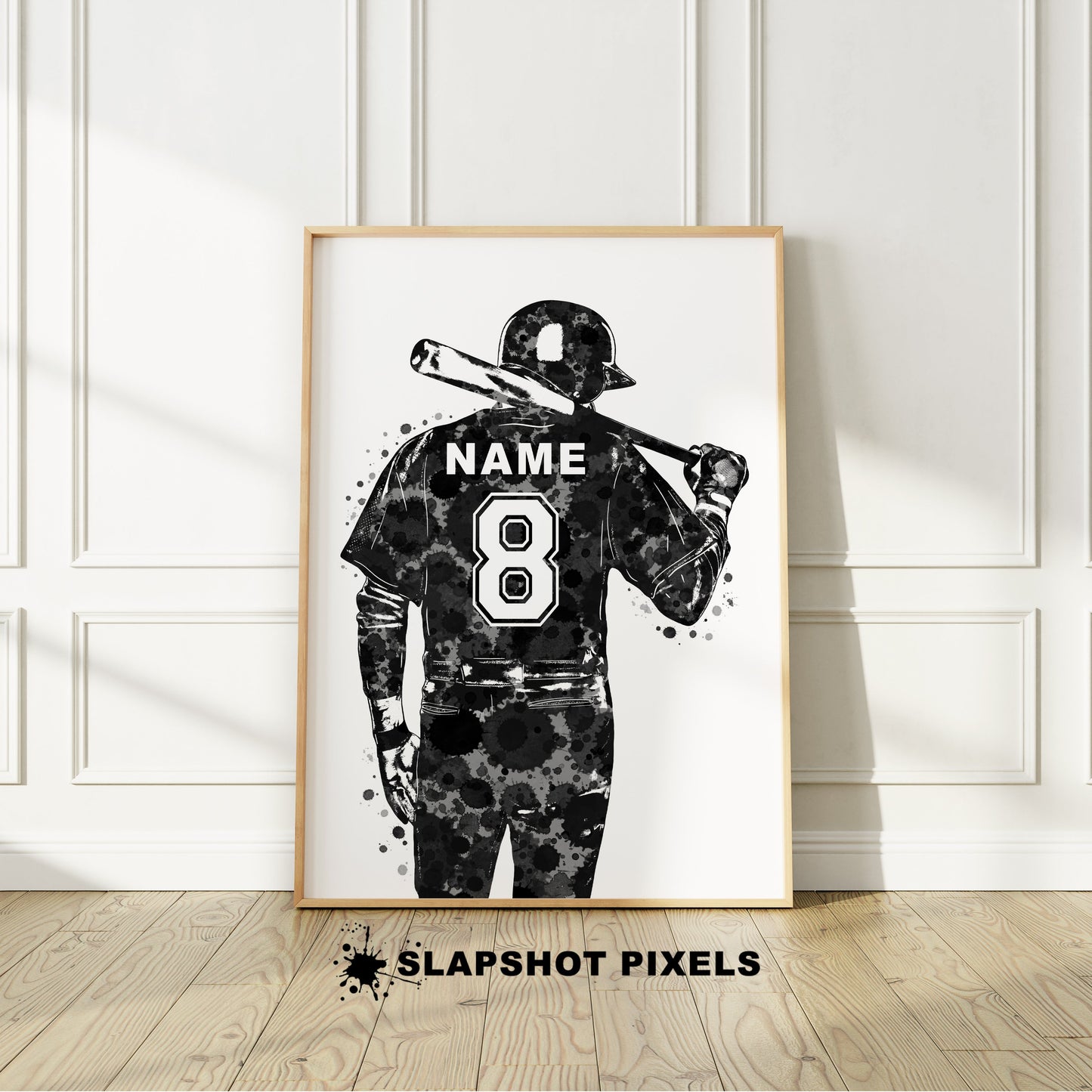 Personalized baseball poster showing back of a boy baseball player with custom name and number on the baseball jersey. Designed in watercolor splatters. Perfect baseball gifts for boys, baseball prints, baseball team gifts, baseball coach gift, baseball wall art décor in a baseball bedroom and birthday gifts for baseball players.