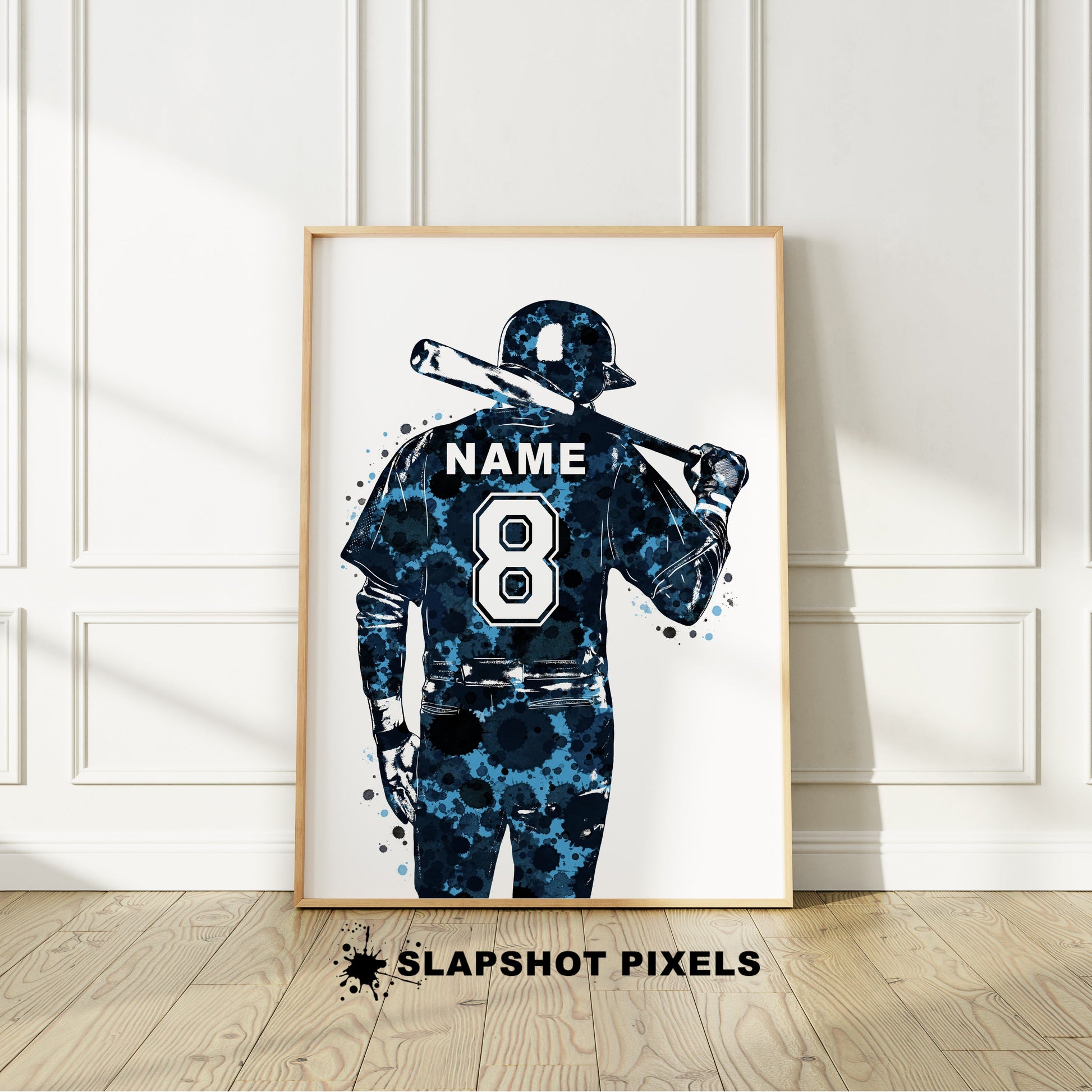 Personalized baseball poster showing back of a boy baseball player with custom name and number on the baseball jersey. Designed in watercolor splatters. Perfect baseball gifts for boys, baseball prints, baseball team gifts, baseball coach gift, baseball wall art décor in a baseball bedroom and birthday gifts for baseball players.