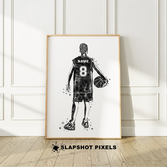 Personalized boy basketball poster showing back of a boy basketball player with custom name and number on the basketball jersey. Designed in watercolor splatters. Perfect basketball gifts for boys, basketball prints, basketball team gifts, basketball coach gift, basketball wall art décor in a basketball bedroom and birthday gifts for basketball players.