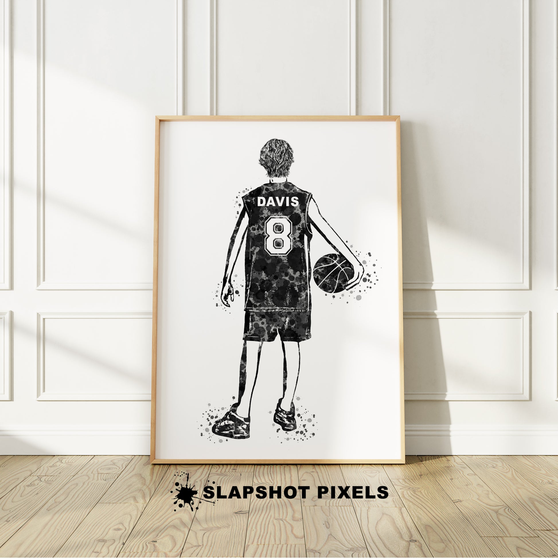 Personalized boy basketball poster showing back of a boy basketball player with custom name and number on the basketball jersey. Designed in watercolor splatters. Perfect basketball gifts for boys, basketball prints, basketball team gifts, basketball coach gift, basketball wall art décor in a basketball bedroom and birthday gifts for basketball players.