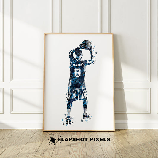 Personalized boy basketball poster showing back of a boy basketball player with custom name and number on the basketball jersey. Designed in watercolor splatters. Perfect basketball gifts for boys, basketball prints, basketball team gifts, basketball coach gift, basketball wall art décor in a basketball bedroom and birthday gifts for basketball players.