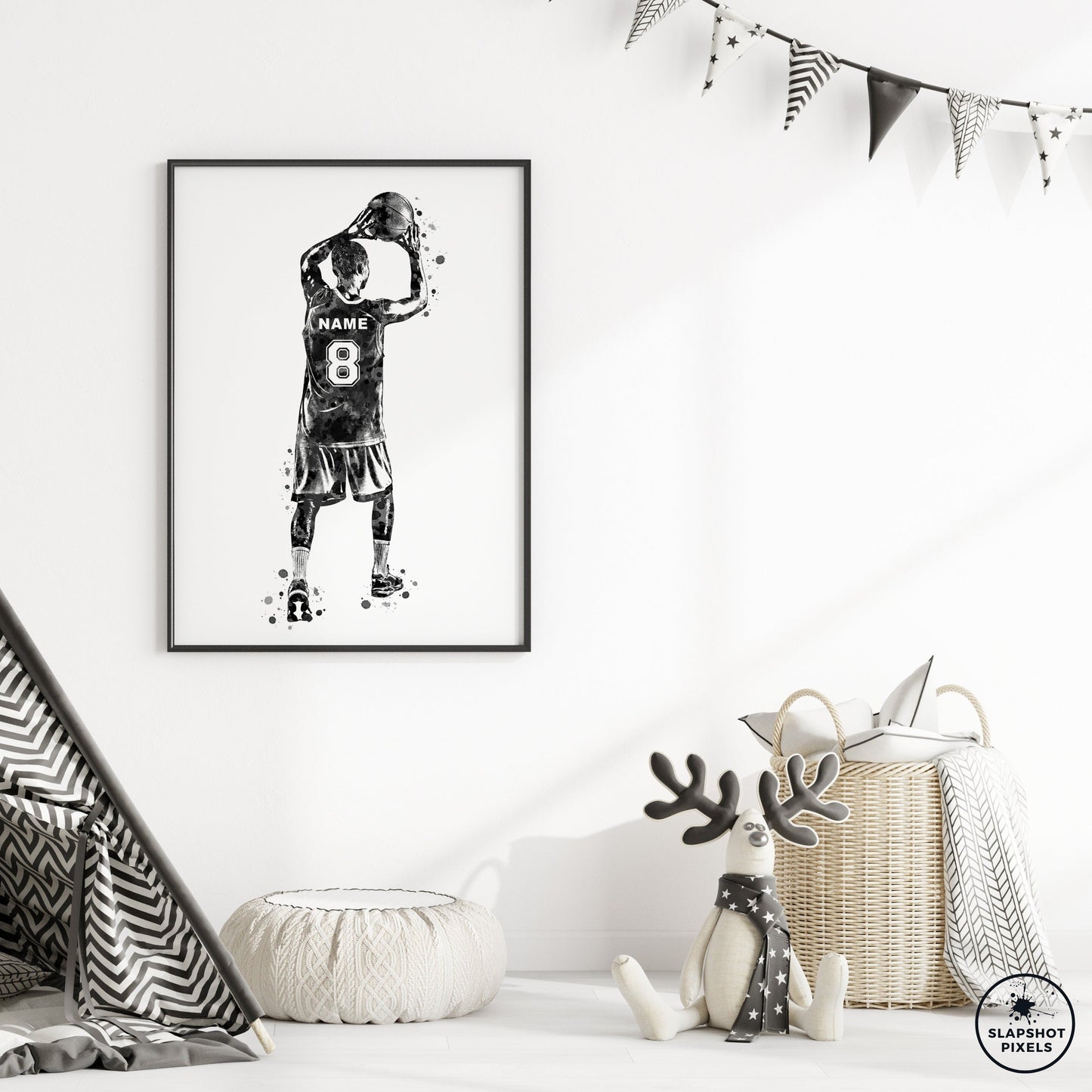 Personalized boy basketball poster showing back of a boy basketball player with custom name and number on the basketball jersey. Designed in watercolor splatters. Perfect basketball gifts for boys, basketball prints, basketball team gifts, basketball coach gift, basketball wall art décor in a basketball bedroom and birthday gifts for basketball players.