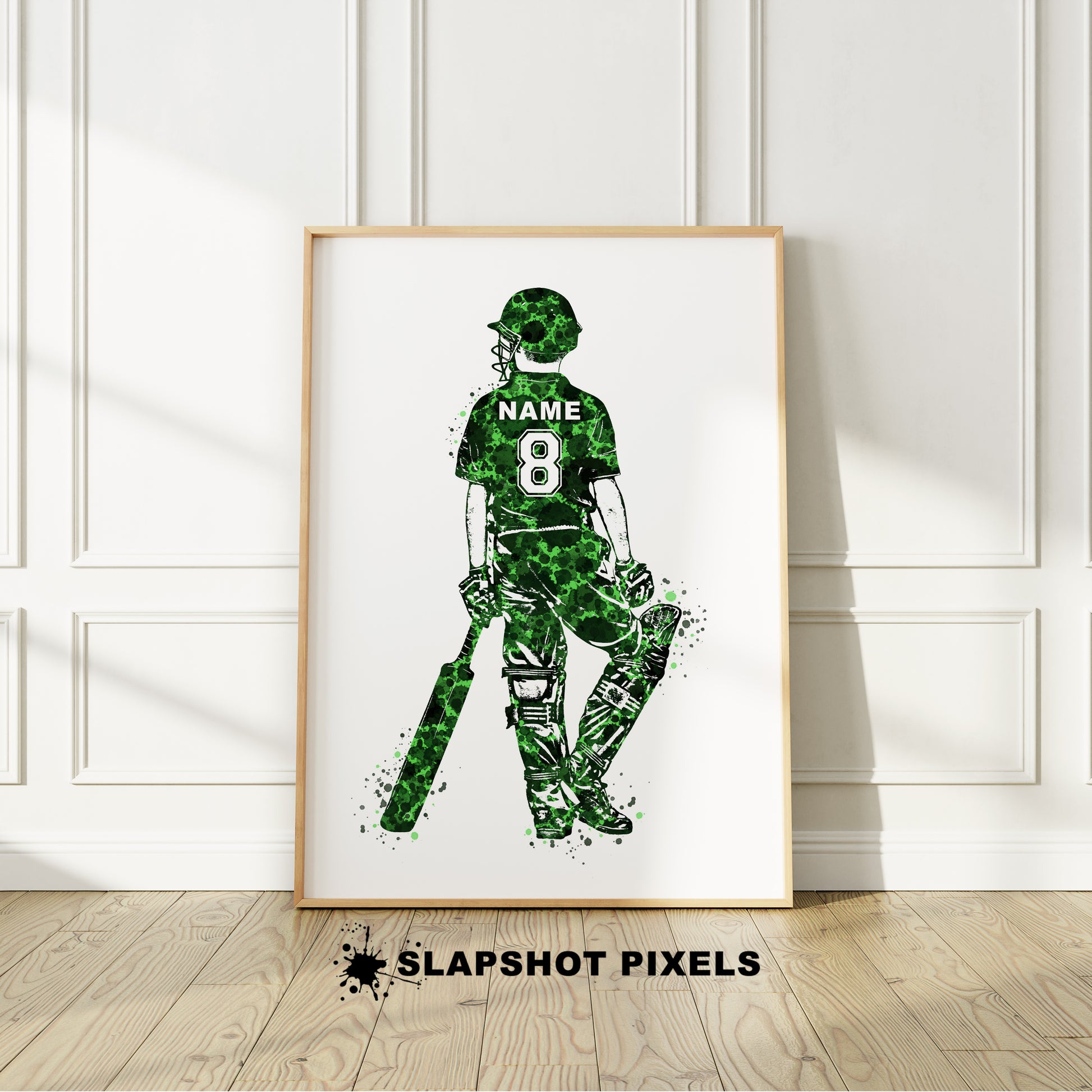 Personalized cricket poster showing back of a boy cricket player holding cricket bat with custom name and number on the cricket jersey. Designed in watercolor splatters. Perfect cricket gifts for boys, cricket prints, cricket team gifts, cricket coach gift, cricket wall art décor in a cricket bedroom and birthday gifts for cricket players.