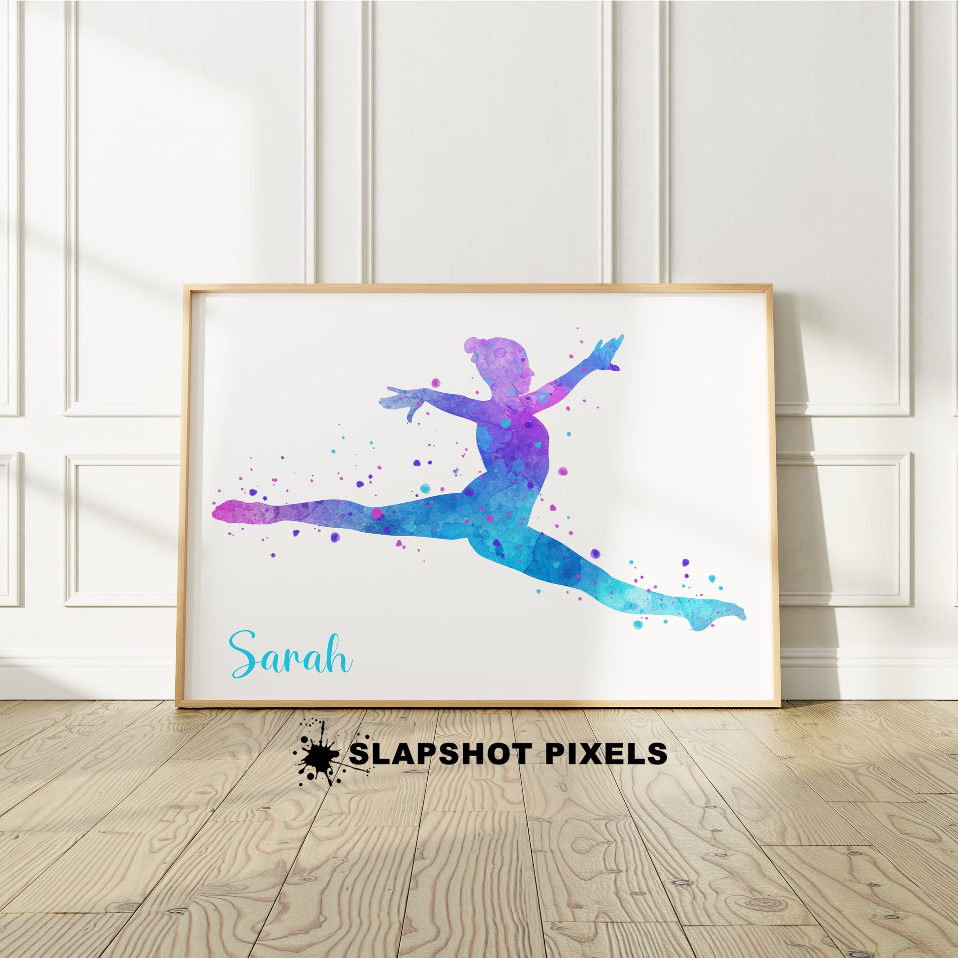 Personalized gymnastics poster showing girl mid jump with custom name under her. Designed in pink, purple and teal watercolor splatters. Perfect gymnastics gifts for girls, gymnastics prints, dance wall art décor in a girls bedroom and birthday gifts for girls.