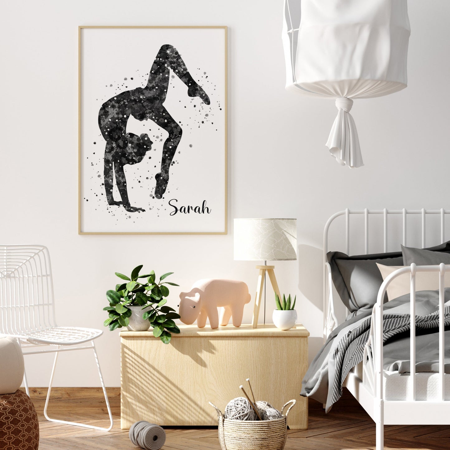 Personalized gymnastics poster showing girl bending backwards with a custom name under her. Designed in black and white watercolor splatters. Perfect gymnastics gifts for girls, gymnastics prints, dance wall art décor in a girls bedroom and birthday gifts for girls.