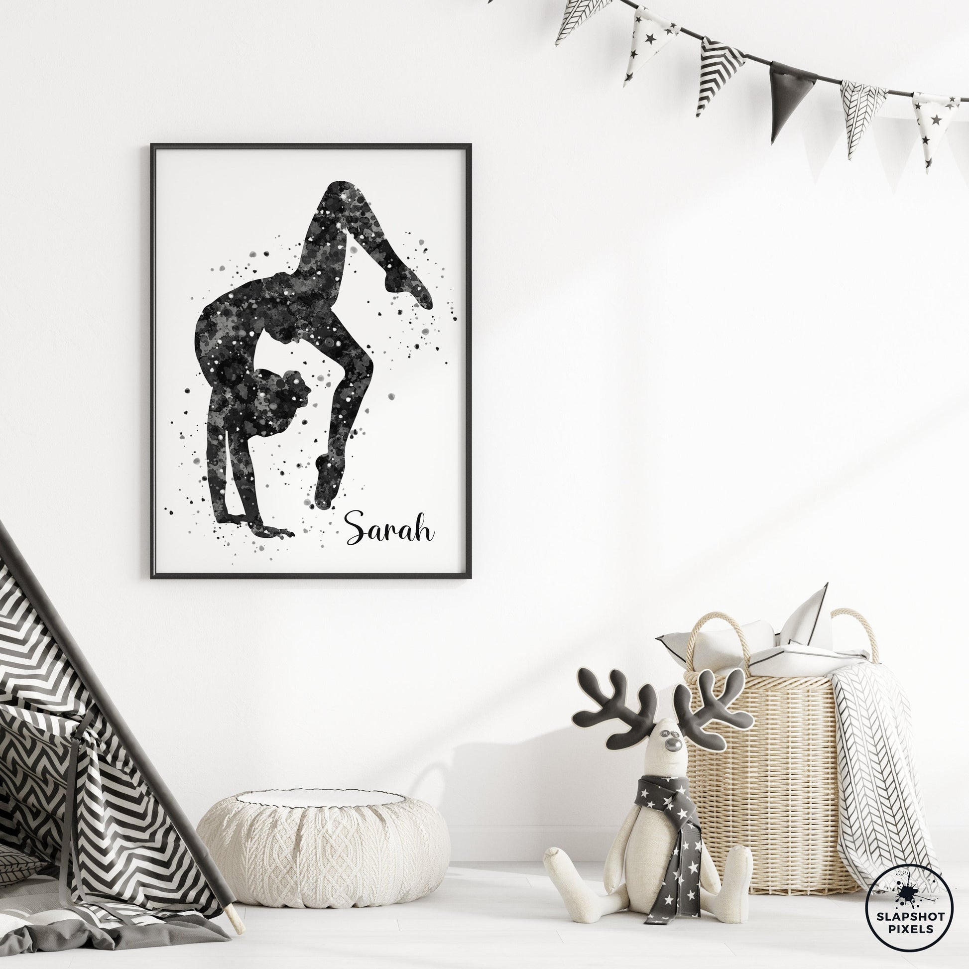 Personalized gymnastics poster showing girl bending backwards with a custom name under her. Designed in black and white watercolor splatters. Perfect gymnastics gifts for girls, gymnastics prints, dance wall art décor in a girls bedroom and birthday gifts for girls.