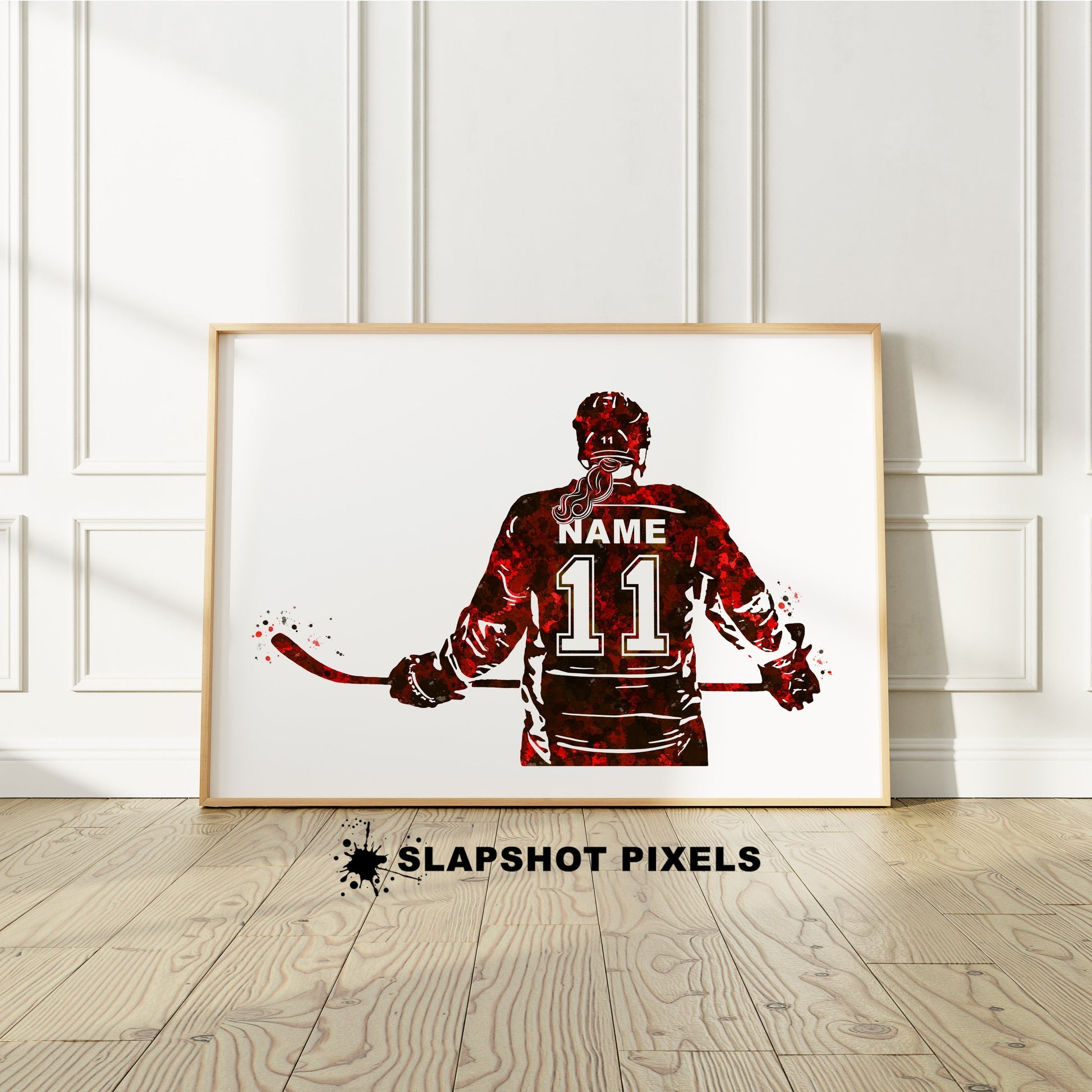 Personalized hockey poster showing back of a girl hockey player with custom name and number on the hockey jersey. Designed in watercolor splatters. Perfect hockey gifts for girls, hockey team gifts, hockey coach gift, hockey wall art décor in a hockey bedroom and birthday gifts for hockey players.