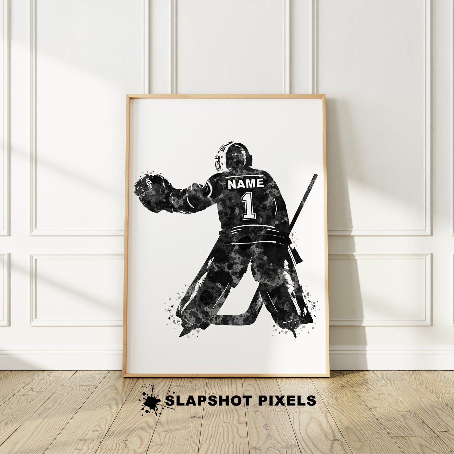 Personalized goalie hockey poster showing back of a goalie hockey player with custom name and number on the hockey jersey. Designed in watercolor splatters. Choose your preferred color. Perfect hockey gifts for boys, hockey team gifts, hockey coach gift, hockey wall art décor in a hockey bedroom and birthday gifts for hockey players.