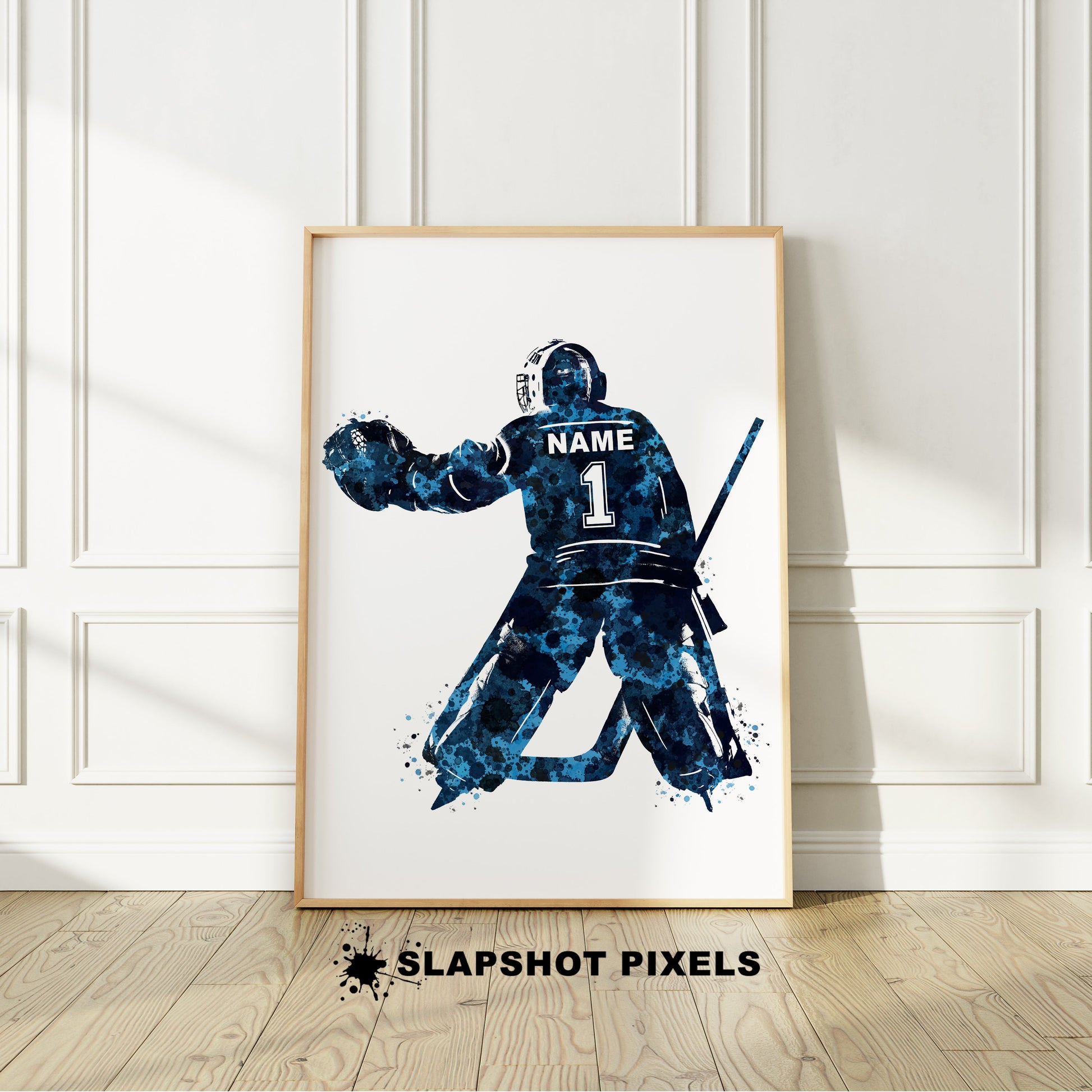 Personalized goalie hockey poster showing back of a goalie hockey player with custom name and number on the hockey jersey. Designed in watercolor splatters. Choose your preferred color. Perfect hockey gifts for boys, hockey team gifts, hockey coach gift, hockey wall art décor in a hockey bedroom and birthday gifts for hockey players.