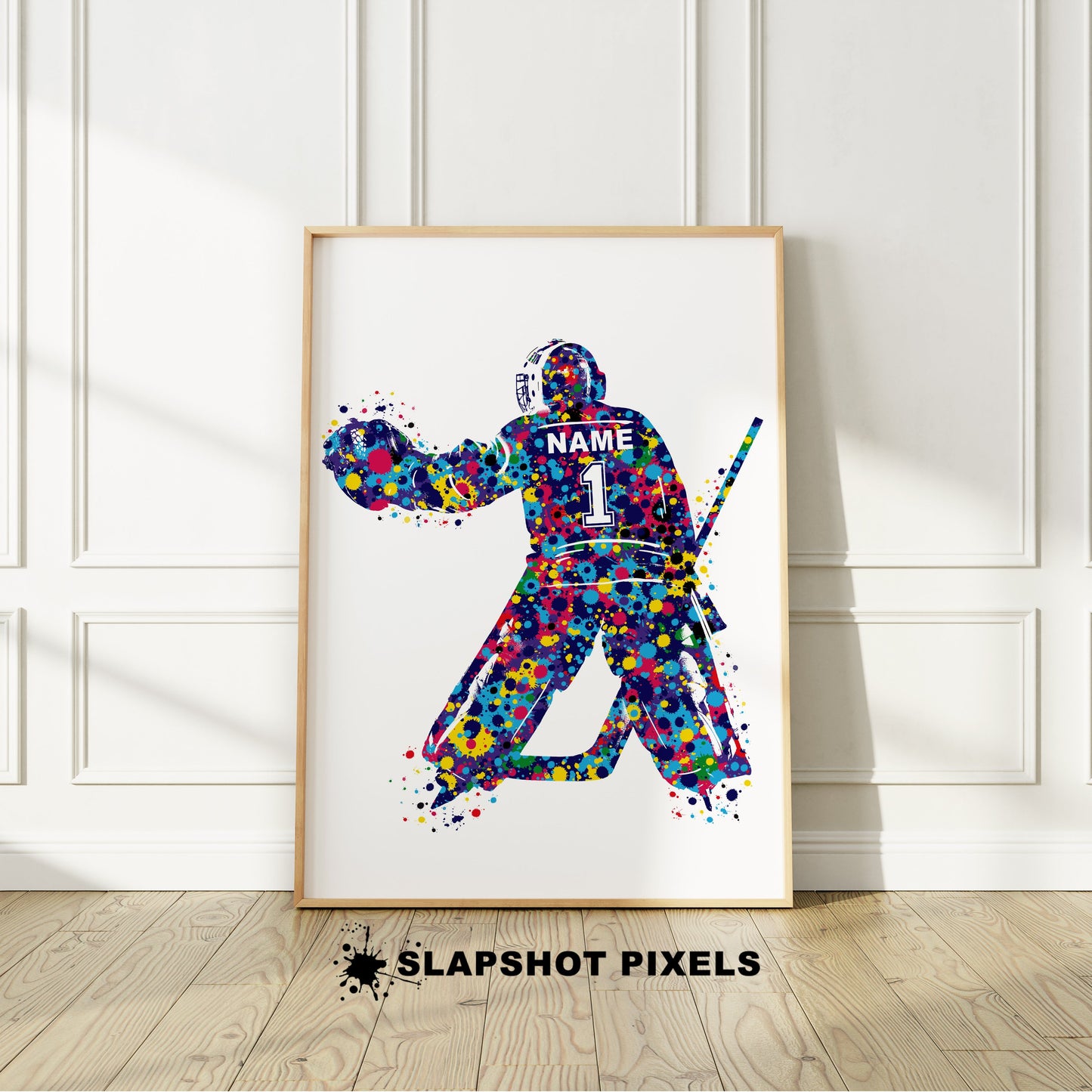 Personalized goalie hockey poster showing back of a goalie hockey player with custom name and number on the hockey jersey. Designed in watercolor splatters. Choose your preferred color. Perfect hockey gifts for boys, hockey team gifts, hockey coach gift, hockey wall art décor in a hockey bedroom and birthday gifts for hockey players.