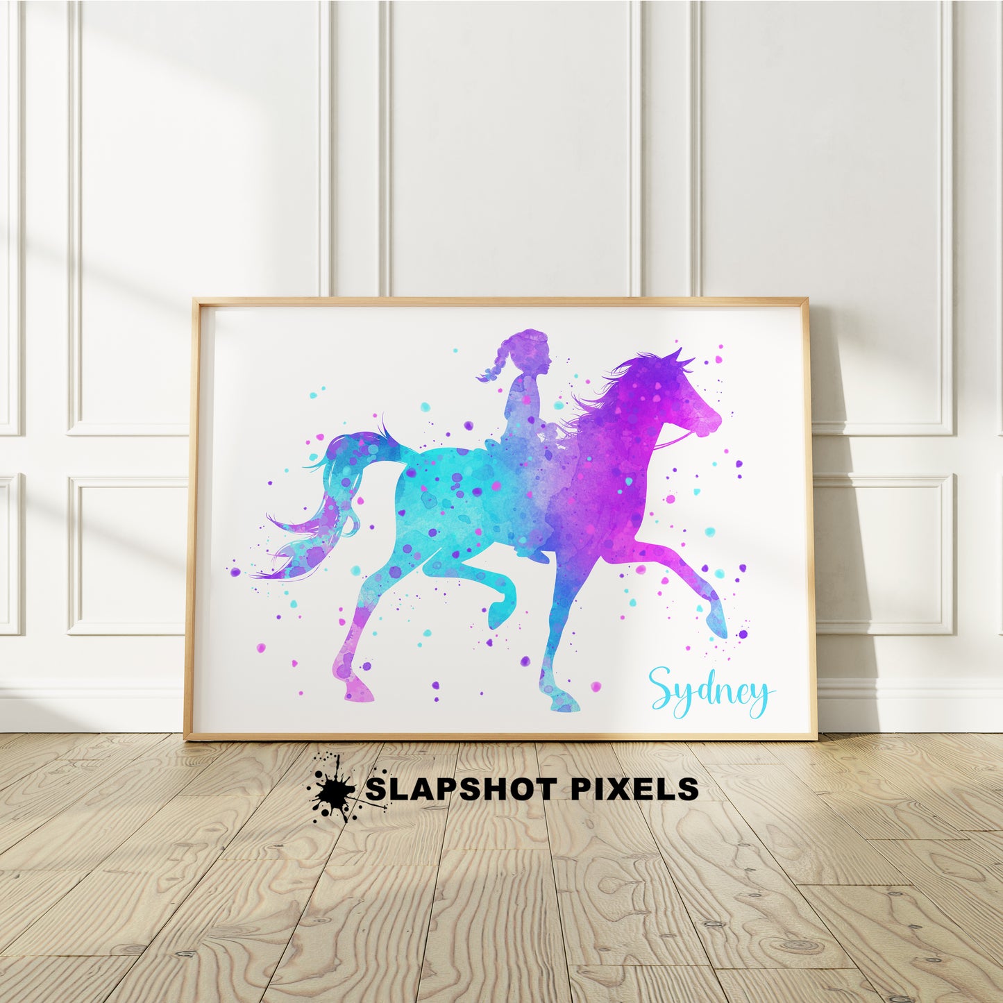 Personalized horseback riding poster showing a girl riding a horse with a custom name. Designed in pink, purple and teal watercolor splatters. Perfect horseback riding gifts for girls, horse prints, horseback riding wall art décor in a girls bedroom and birthday gifts for girls.