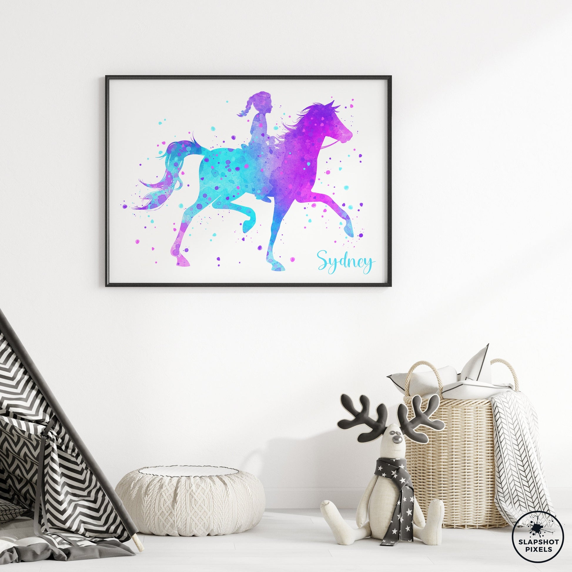 Personalized horseback riding poster showing a girl riding a horse with a custom name. Designed in pink, purple and teal watercolor splatters. Perfect horseback riding gifts for girls, horse prints, horseback riding wall art décor in a girls bedroom and birthday gifts for girls.