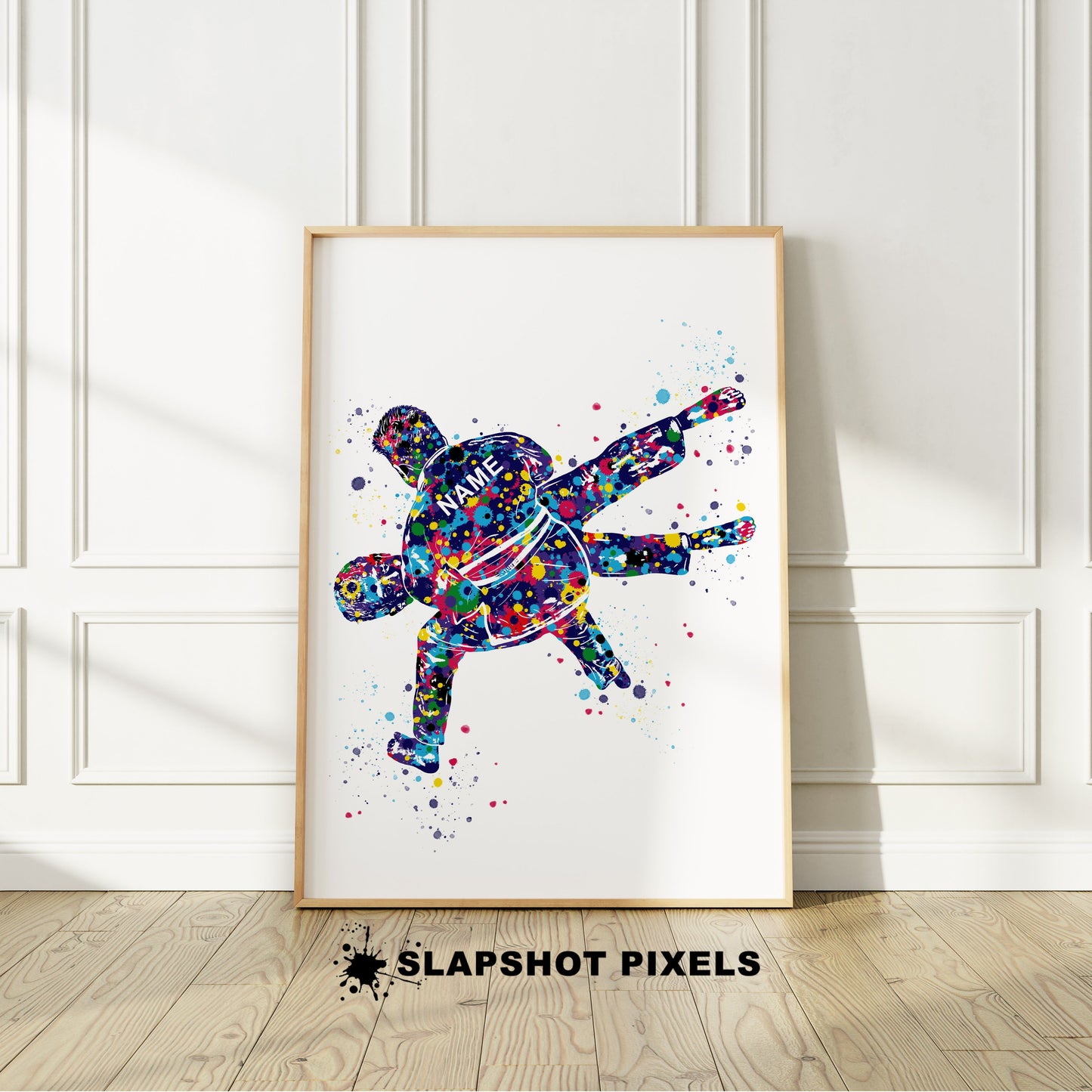 Personalized jiu jitsu poster showing back of a jiu jitsu boy taking his opponent down to the ground. A custom name is on the Gi. Designed in watercolor splatters. Perfect jiu jitsu gifts for boys, jiu jitsu and judo prints, martial arts gifts, jiu jitsu coach gift, jiu jitsu wall art décor in a jiu jitsu bedroom and birthday gifts for jiu jitsu boys.