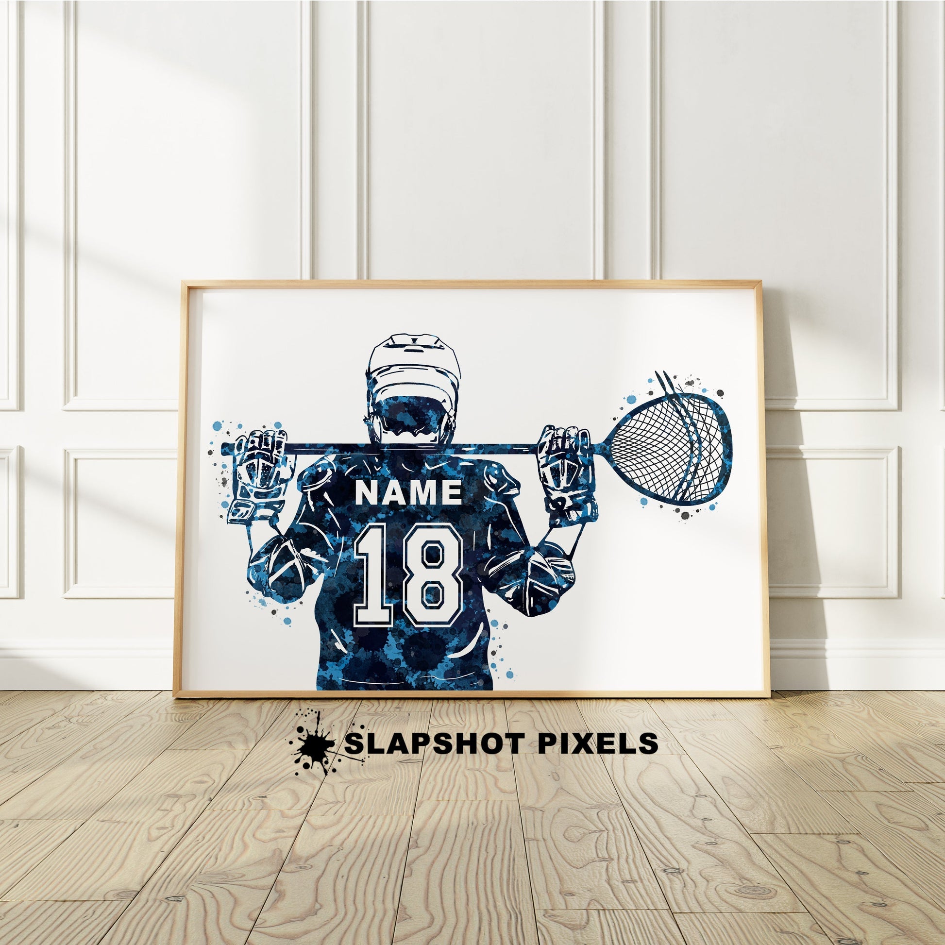Personalized lacrosse goalie poster showing back of a boy lacrosse player with custom name and number on the lacrosse jersey. Designed in watercolor splatters. Perfect lacrosse gifts for boys, lacrosse goalie prints, lacrosse team gifts, lacrosse coach gift, lacrosse wall art décor in a lacrosse bedroom and birthday gifts for lacrosse players.