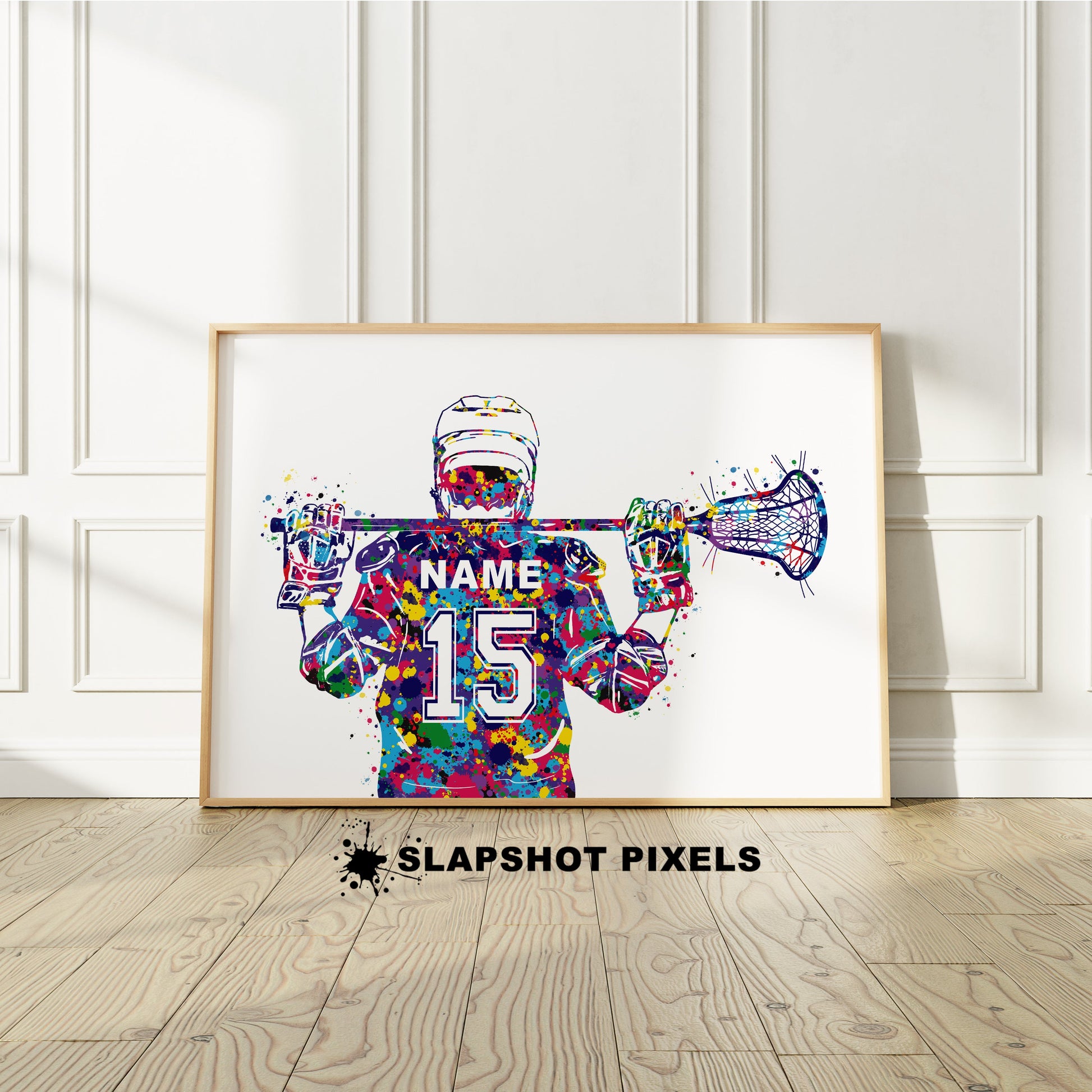 Personalized lacrosse poster showing back of a boy lacrosse player with custom name and number on the lacrosse jersey. Designed in watercolor splatters. Perfect lacrosse gifts for boys, lacrosse prints, lacrosse team gifts, lacrosse coach gift, lacrosse wall art décor in a lacrosse bedroom and birthday gifts for lacrosse players.