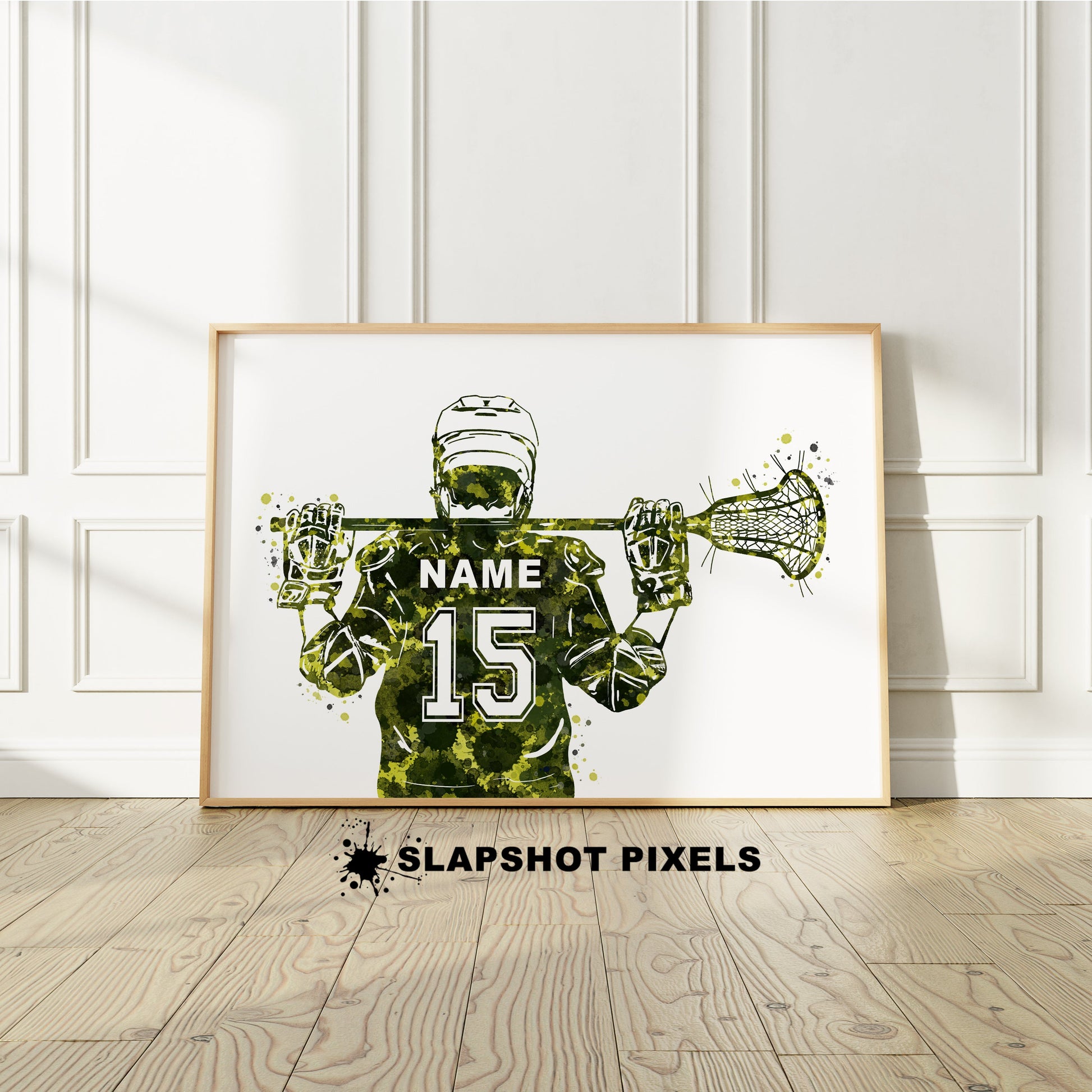 Personalized lacrosse poster showing back of a boy lacrosse player with custom name and number on the lacrosse jersey. Designed in watercolor splatters. Perfect lacrosse gifts for boys, lacrosse prints, lacrosse team gifts, lacrosse coach gift, lacrosse wall art décor in a lacrosse bedroom and birthday gifts for lacrosse players.