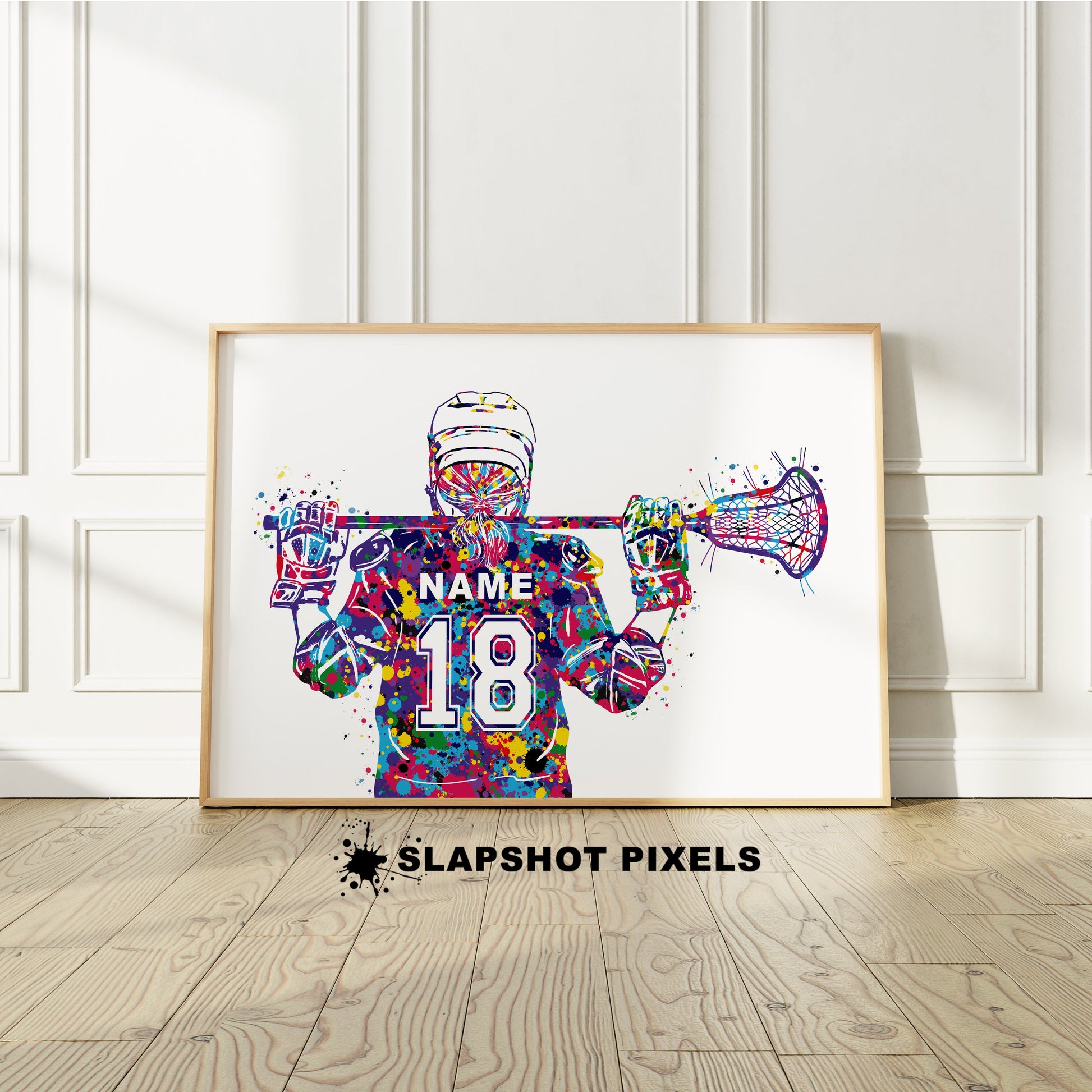 Personalized girl lacrosse poster showing back of a girl lacrosse player with custom name and number on the lacrosse jersey. Designed in watercolor splatters. Perfect lacrosse gifts for girls, lacrosse goalie prints, lacrosse team gifts, lacrosse coach gift, lacrosse wall art décor in a lacrosse bedroom and birthday gifts for lacrosse players.