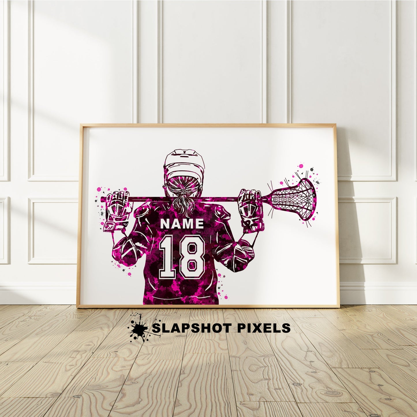 Personalized girl lacrosse poster showing back of a girl lacrosse player with custom name and number on the lacrosse jersey. Designed in watercolor splatters. Perfect lacrosse gifts for girls, lacrosse goalie prints, lacrosse team gifts, lacrosse coach gift, lacrosse wall art décor in a lacrosse bedroom and birthday gifts for lacrosse players.