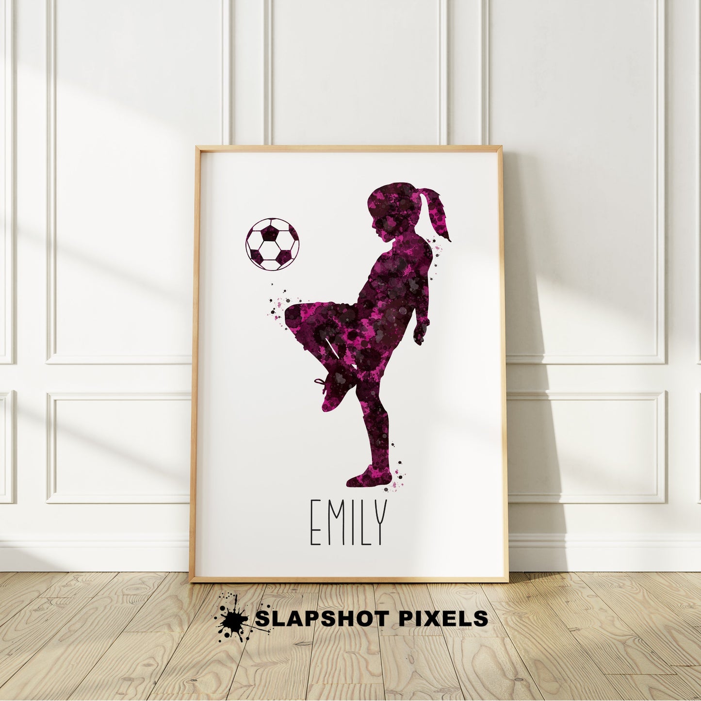 Personalized soccer poster of a girl soccer player bouncing soccer ball on her knee and custom name under player. Perfect soccer gifts for girls, soccer team gifts, soccer coach gift, soccer wall art décor, football prints and soccer bedroom ideas and soccer birthday gifts for girls.