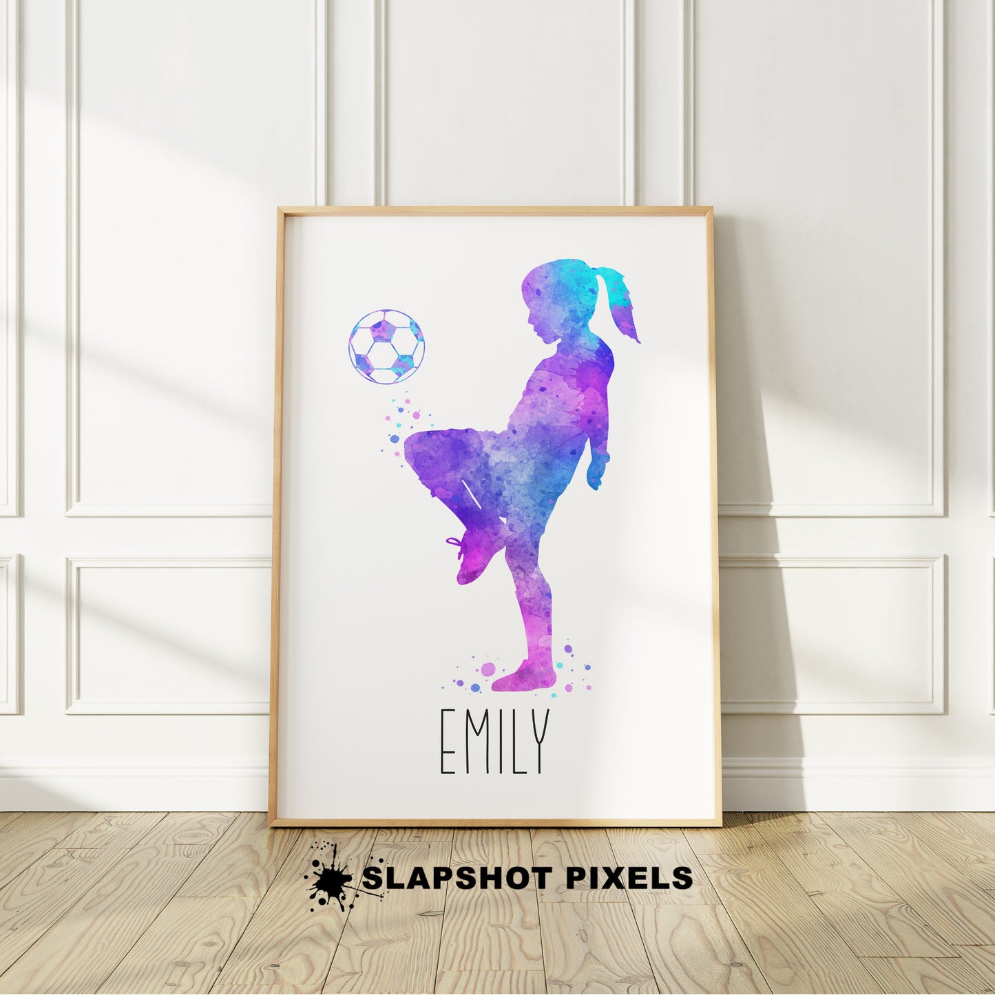 Personalized soccer poster of a girl soccer player bouncing soccer ball on her knee and custom name under player. Perfect soccer gifts for girls, soccer team gifts, soccer coach gift, soccer wall art décor, football prints and soccer bedroom ideas and soccer birthday gifts for girls.