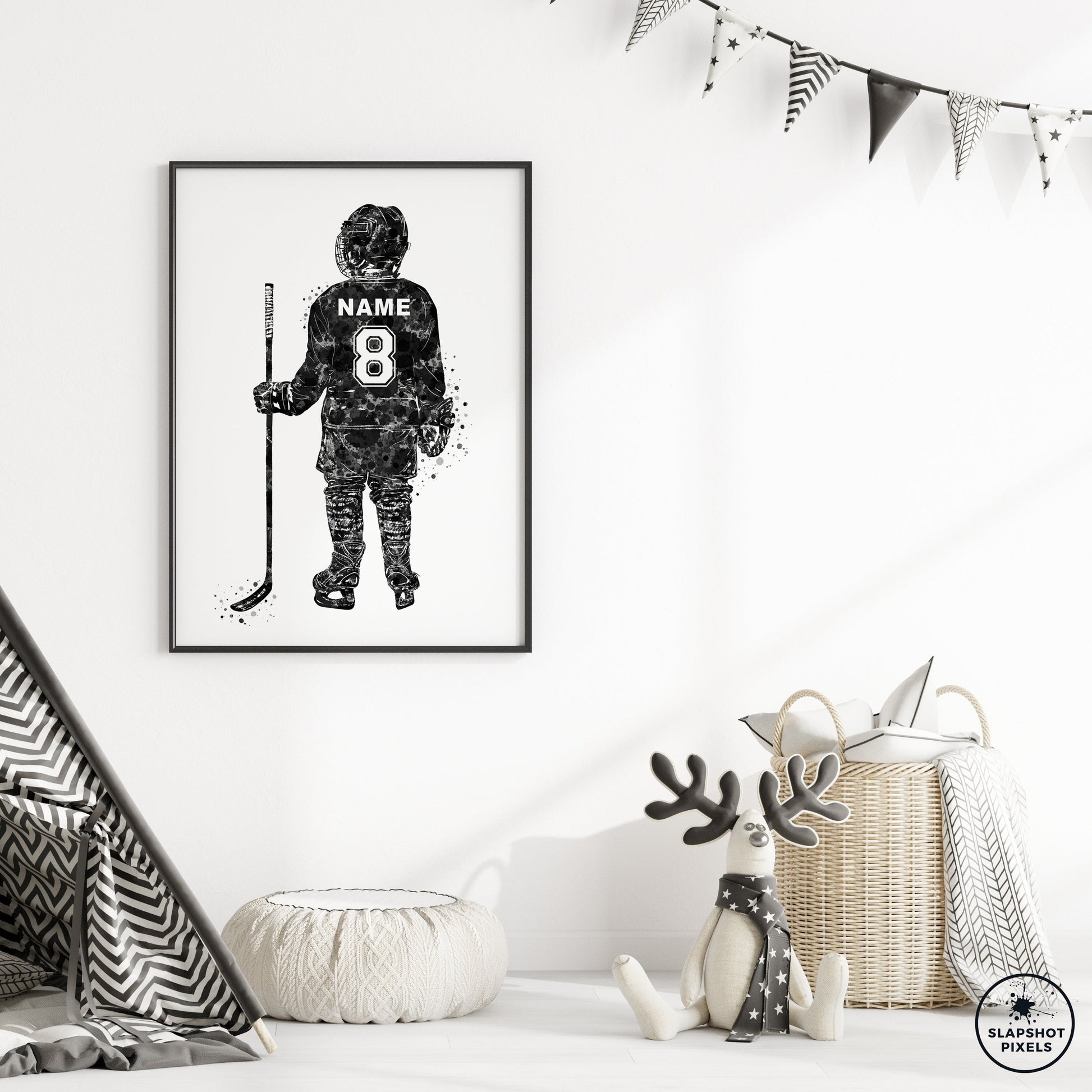 Personalized hockey poster showing back of little boy hockey player with custom name and number on the hockey jersey. Designed in watercolor splatters. Perfect hockey gifts for boys, hockey team gifts, hockey coach gift, hockey wall art décor in a hockey bedroom and birthday gifts for hockey players.