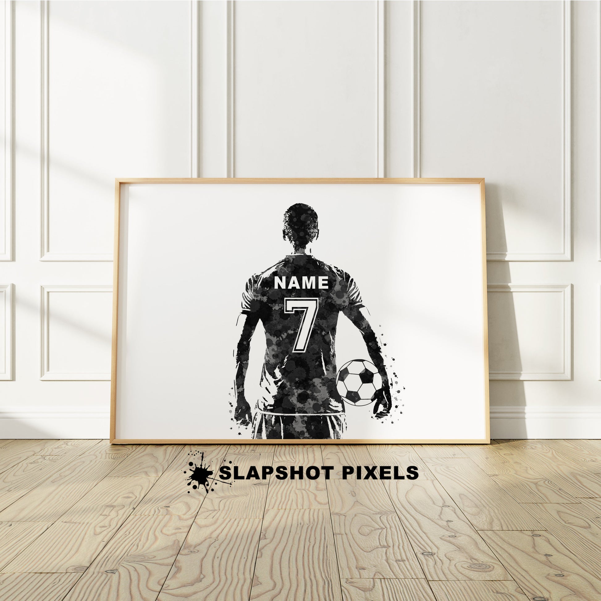 Personalized soccer poster showing back of a boy soccer player with custom name and number on the soccer jersey. Designed in watercolor splatters. Perfect soccer gifts for boys, football prints, soccer team gifts, soccer coach gift, soccer wall art décor in a soccer bedroom and birthday gifts for soccer players.