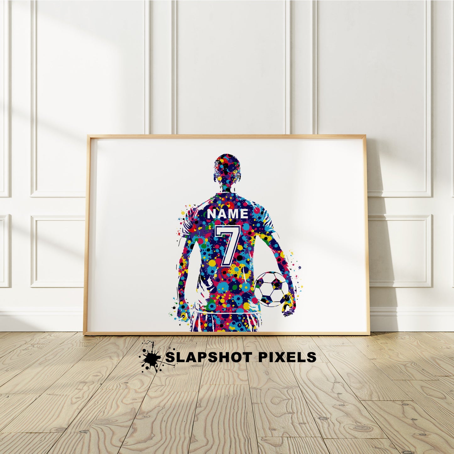 Personalized soccer poster showing back of a boy soccer player with custom name and number on the soccer jersey. Designed in watercolor splatters. Perfect soccer gifts for boys, football prints, soccer team gifts, soccer coach gift, soccer wall art décor in a soccer bedroom and birthday gifts for soccer players.