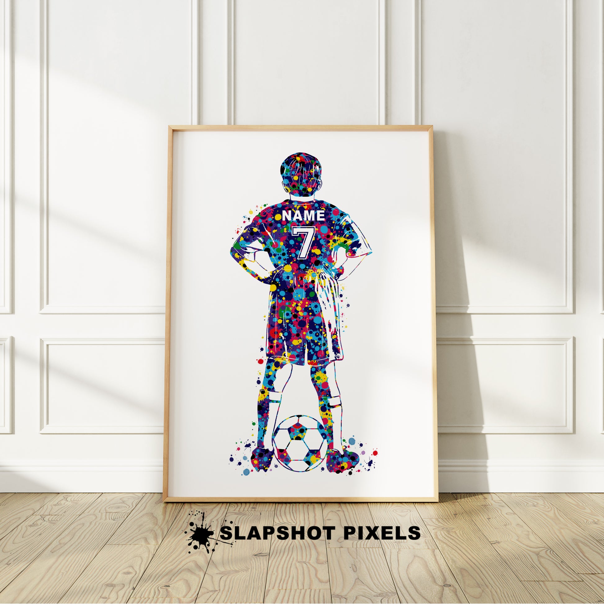 Personalized soccer poster showing back of a boy soccer player with custom name and number on the soccer jersey. Designed in watercolor splatters. Perfect soccer gifts for boys, football prints, soccer team gifts, soccer coach gift, soccer wall art décor in a soccer bedroom and birthday gifts for soccer players.