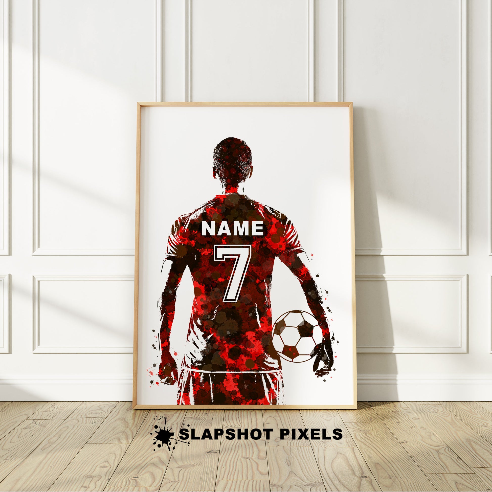 Personalized soccer poster showing back of a boy soccer player with custom name and number on the soccer jersey. Designed in watercolor splatters. Perfect soccer gifts for boys, football prints, soccer team gifts, soccer coach gift, soccer wall art décor in a soccer bedroom and birthday gifts for soccer players.