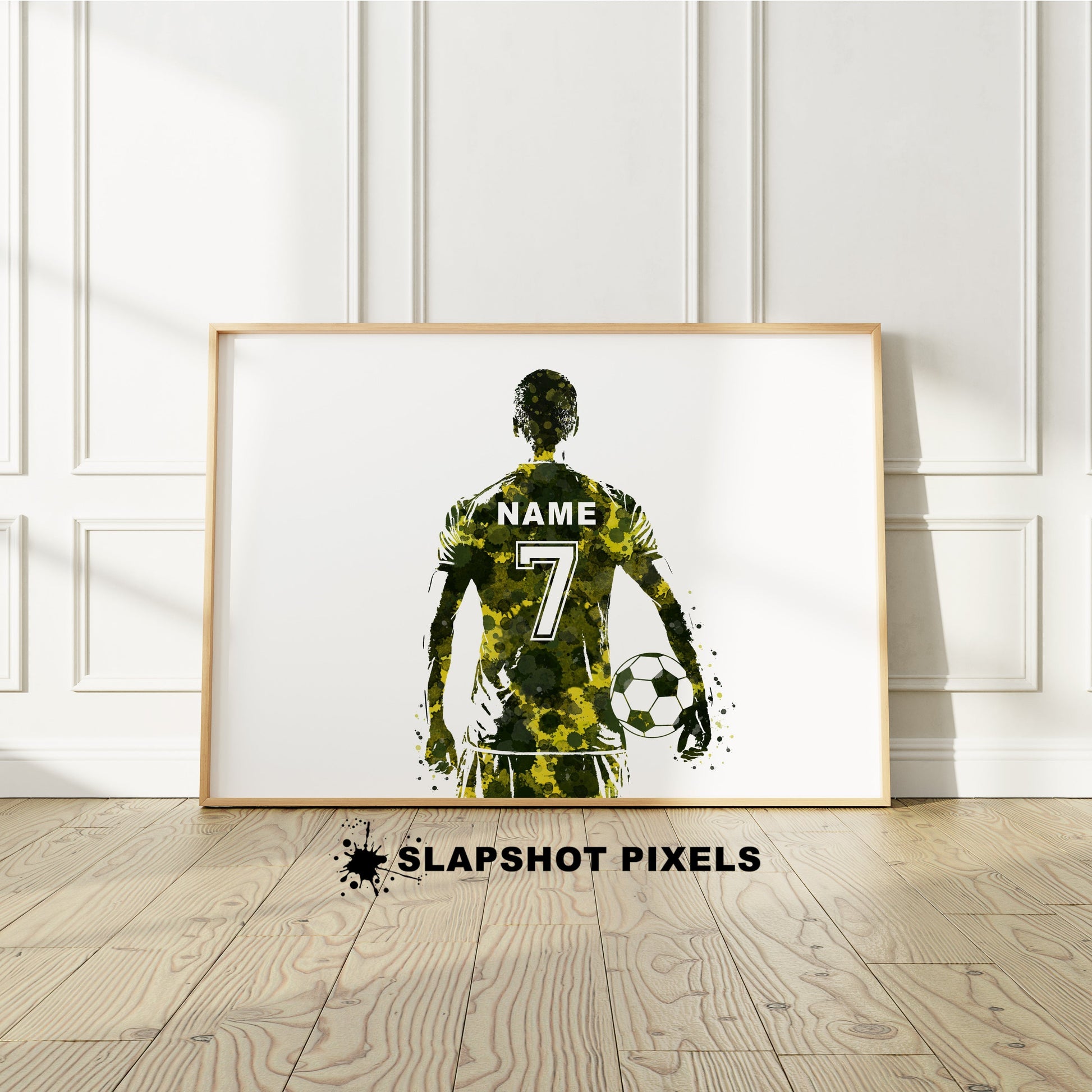 Personalized soccer poster showing back of a boy soccer player with custom name and number on the soccer jersey. Designed in watercolor splatters. Perfect soccer gifts for boys, football prints, soccer team gifts, soccer coach gift, soccer wall art décor in a soccer bedroom and birthday gifts for soccer players.