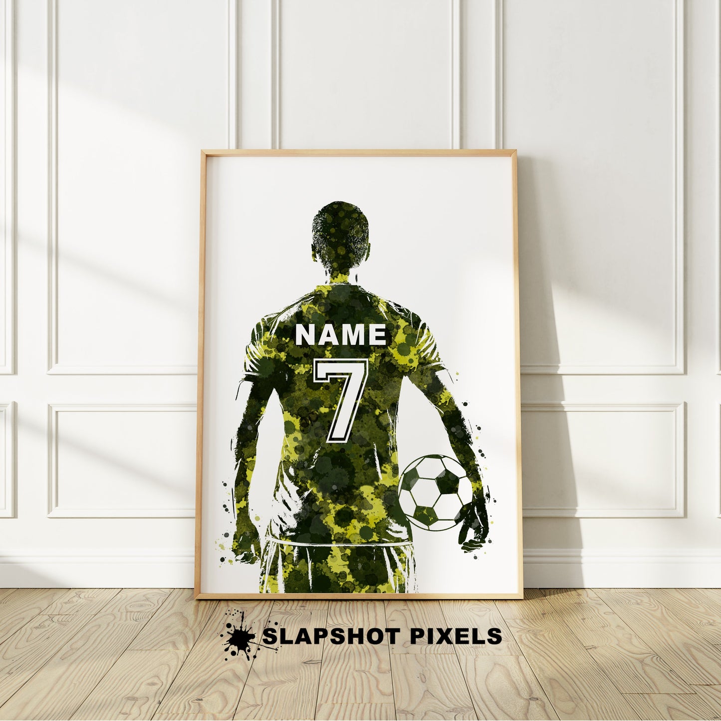 Personalized soccer poster showing back of a boy soccer player with custom name and number on the soccer jersey. Designed in watercolor splatters. Perfect soccer gifts for boys, football prints, soccer team gifts, soccer coach gift, soccer wall art décor in a soccer bedroom and birthday gifts for soccer players.