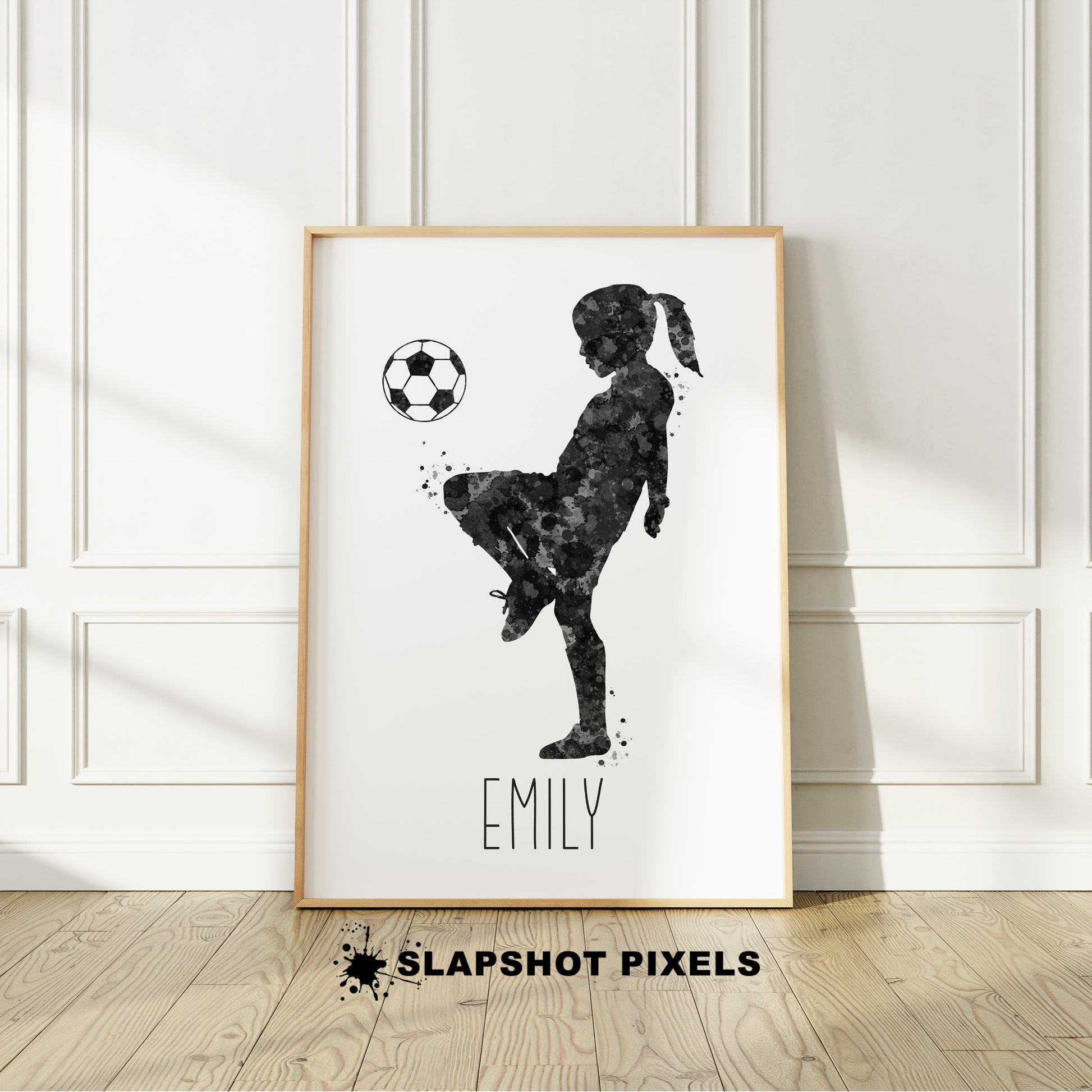 Personalized soccer poster of a girl soccer player bouncing soccer ball on her knee and custom name under player. Perfect soccer gifts for girls, soccer team gifts, soccer coach gift, soccer wall art décor, football prints and soccer bedroom ideas and soccer birthday gifts for girls.