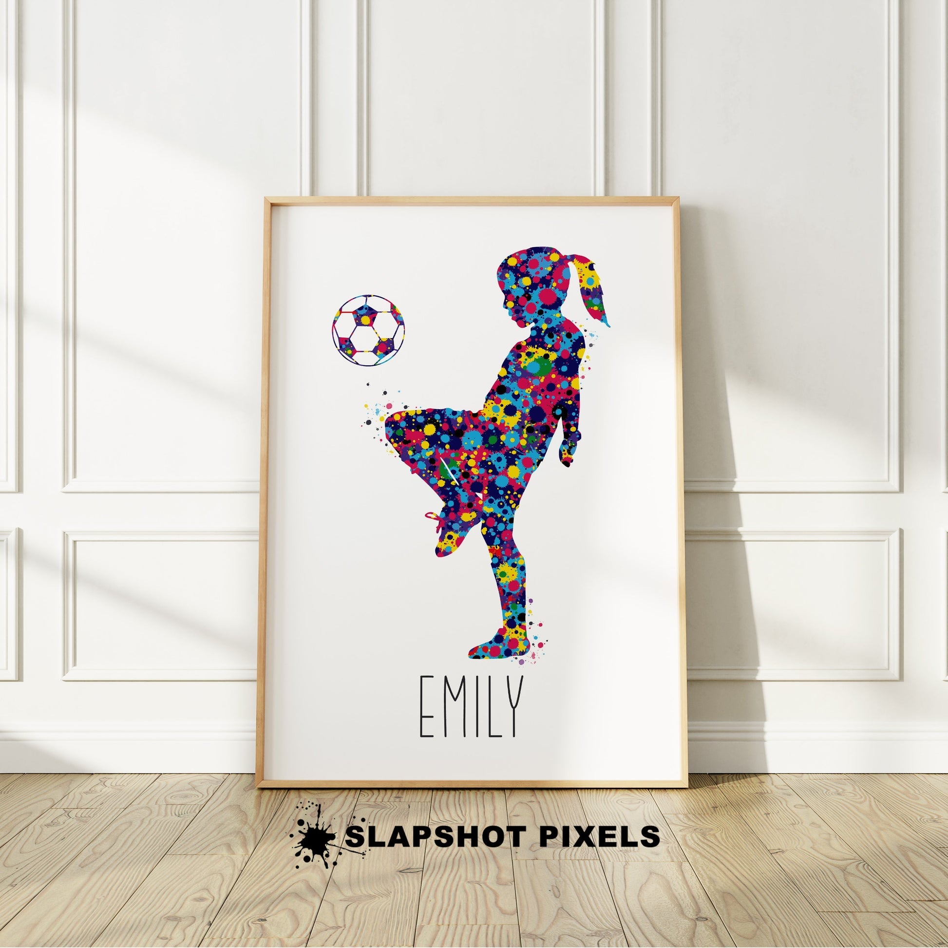 Personalized soccer poster of a girl soccer player bouncing soccer ball on her knee and custom name under player. Perfect soccer gifts for girls, soccer team gifts, soccer coach gift, soccer wall art décor, football prints and soccer bedroom ideas and soccer birthday gifts for girls.