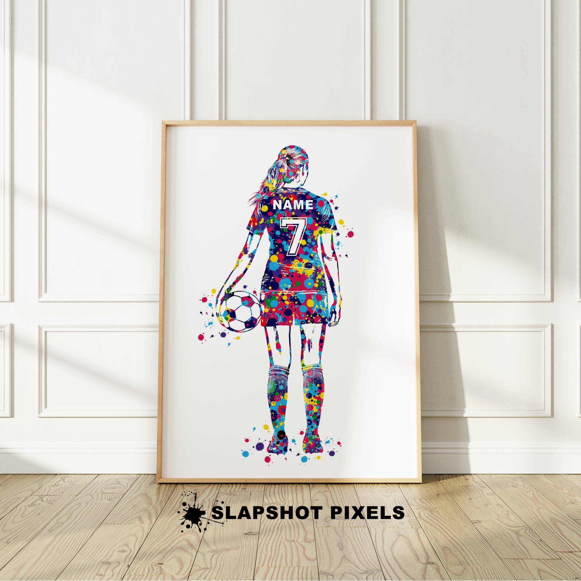 Personalized soccer poster of a girl soccer player standing and a custom name and number on the soccer jersey. Perfect soccer gifts for girls, soccer team gifts, soccer coach gift, soccer wall art décor, football prints and soccer bedroom ideas and soccer birthday gifts for girls and teens.