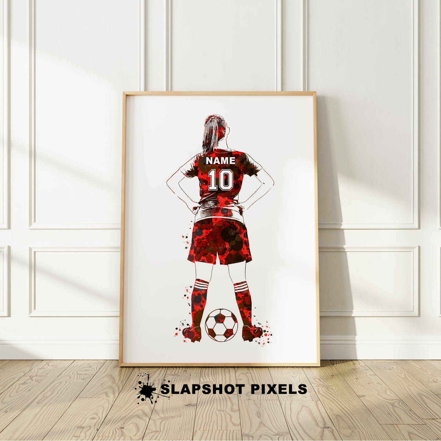 Personalized soccer poster of a girl soccer player standing and a custom name and number on the soccer jersey. Perfect soccer gifts for girls, soccer team gifts, soccer coach gift, soccer wall art décor, football prints and soccer bedroom ideas and soccer birthday gifts for girls and teens.