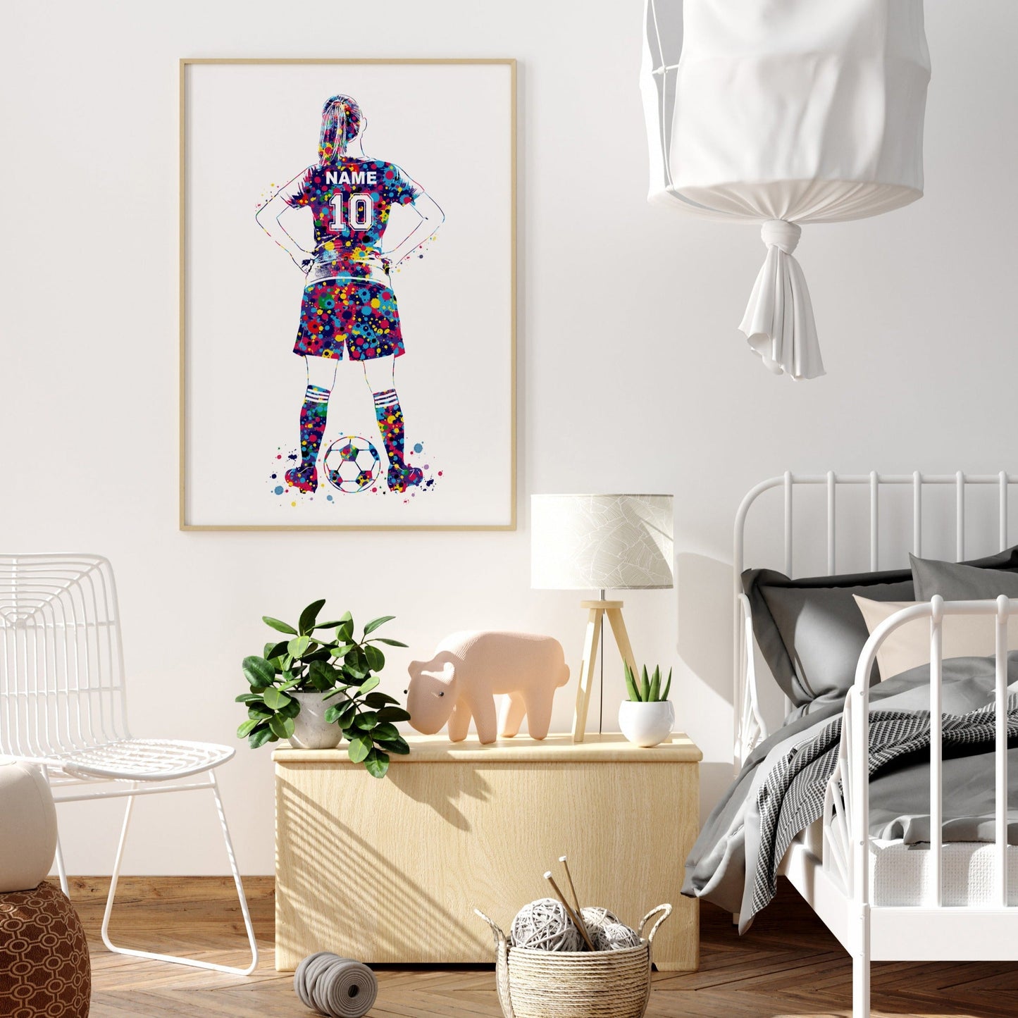 Personalized soccer poster of a girl soccer player standing and a custom name and number on the soccer jersey. Perfect soccer gifts for girls, soccer team gifts, soccer coach gift, soccer wall art décor, football prints and soccer bedroom ideas and soccer birthday gifts for girls and teens.