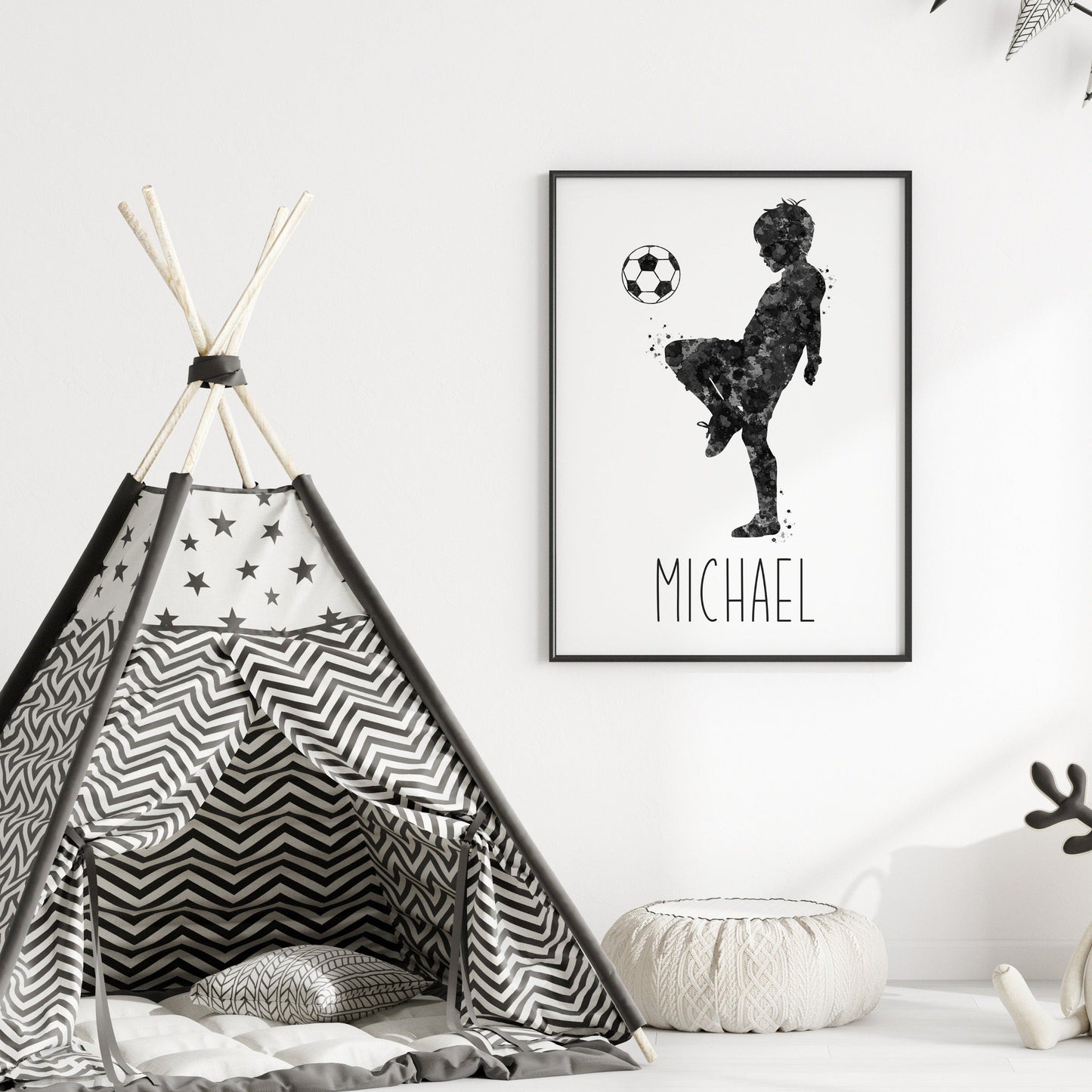 Personalized soccer poster showing little boy soccer player bouncing soccer ball on his knee with custom name under player. Designed in yellow and black watercolor splatters. Perfect soccer gifts for boys, soccer team gifts, soccer coach gift, soccer wall art décor, football prints and soccer bedroom.