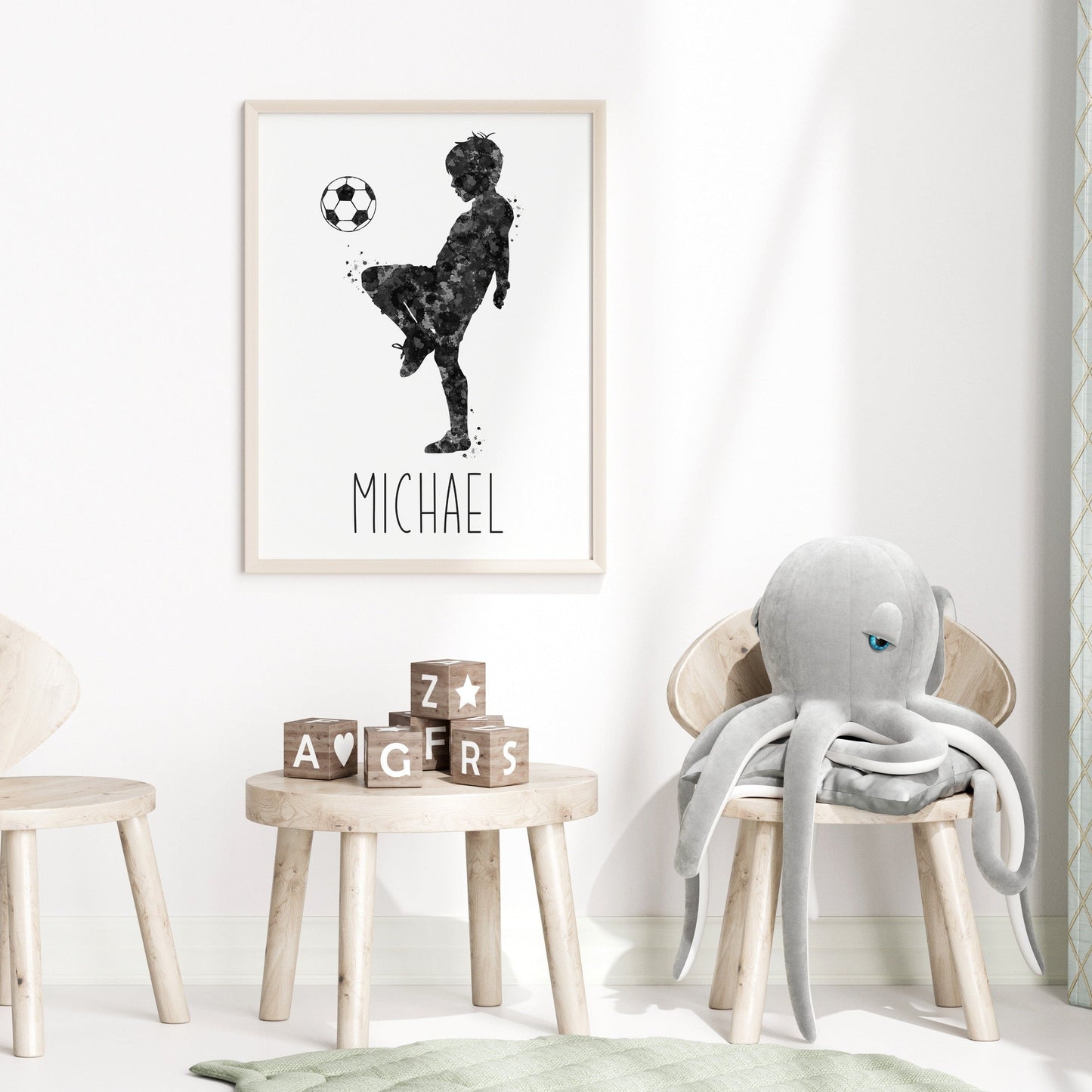 Personalized soccer poster showing little boy soccer player bouncing soccer ball on his knee with custom name under player. Designed in yellow and black watercolor splatters. Perfect soccer gifts for boys, soccer team gifts, soccer coach gift, soccer wall art décor, football prints and soccer bedroom.