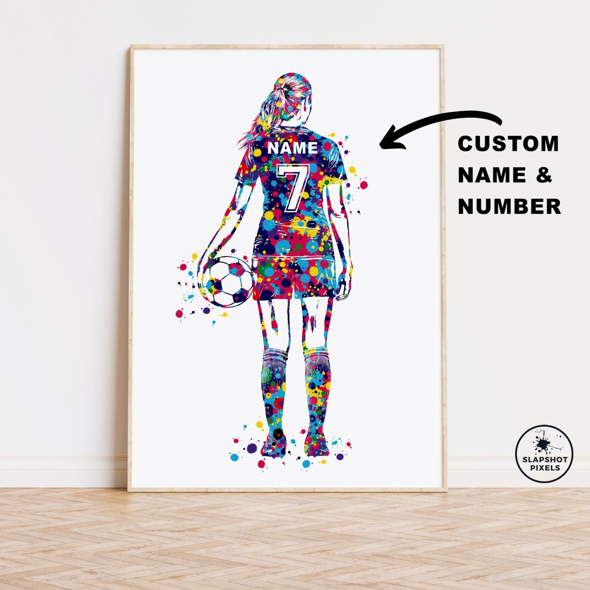 Personalized soccer poster of a girl soccer player standing and a custom name and number on the soccer jersey. Perfect soccer gifts for girls, soccer team gifts, soccer coach gift, soccer wall art décor, football prints and soccer bedroom ideas and soccer birthday gifts for girls and teens.