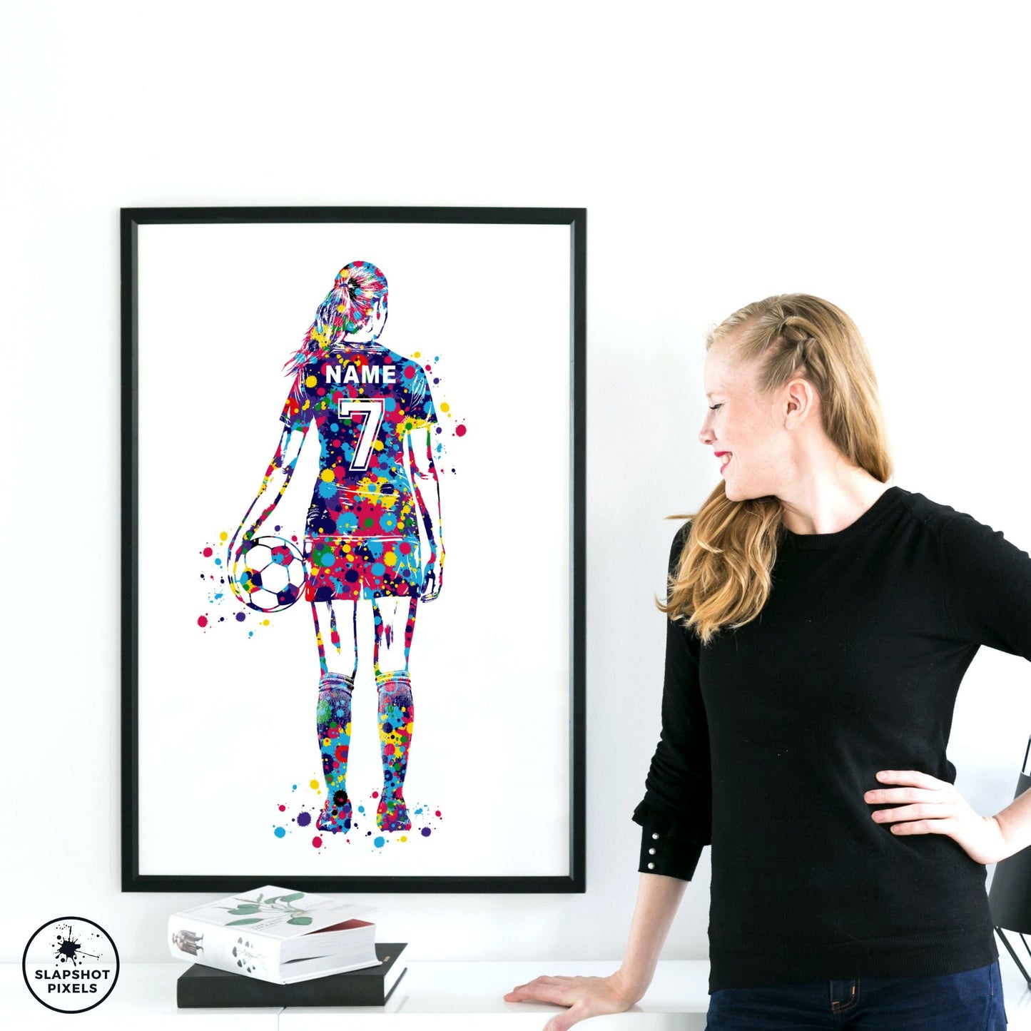 Personalized soccer poster of a girl soccer player standing and a custom name and number on the soccer jersey. Perfect soccer gifts for girls, soccer team gifts, soccer coach gift, soccer wall art décor, football prints and soccer bedroom ideas and soccer birthday gifts for girls and teens.