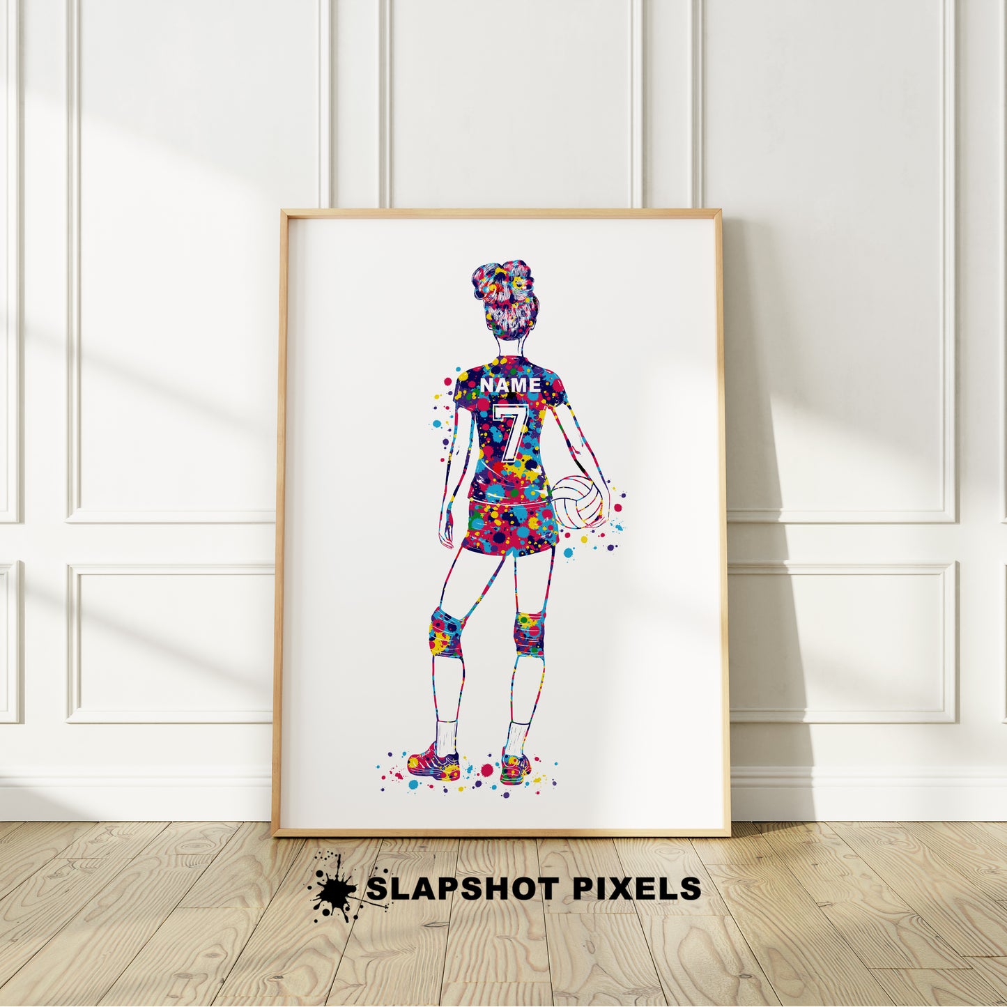 Personalized volleyball poster showing a girl volleyball player facing backwards with a custom name and number on the volleyball jersey. Designed in colorful watercolor splatters. Perfect volleyball gifts for girls, volleyball prints, volleyball wall art décor in a girls bedroom and birthday gifts for girls.